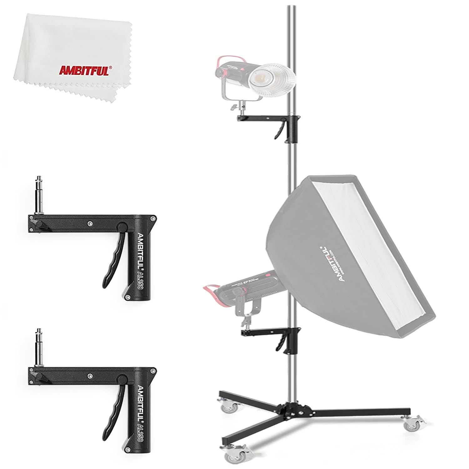 Ambitful Al250 Steel Wheeled Mobile Heavy Duty Light Stand For Photography W/Sliding Grip Arm & Chrome-Plated Column Stand, Maxsuitable For Studio Camera, Monolight, Softbox, Umbrella