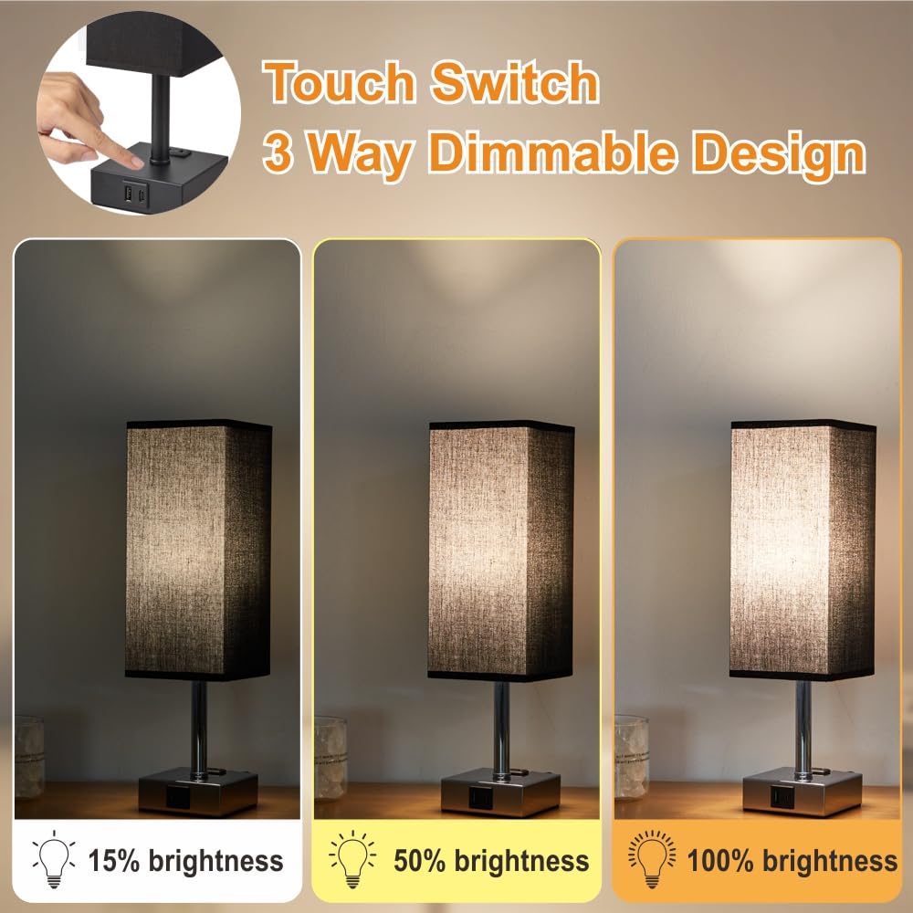 Lifeholder Square Touch Dimmable Usb Lamp With Fabric Shade, Built-In Usb & Type C Ports & Ac Outlet - Bedside Lamp Idea For Bedroom, Black