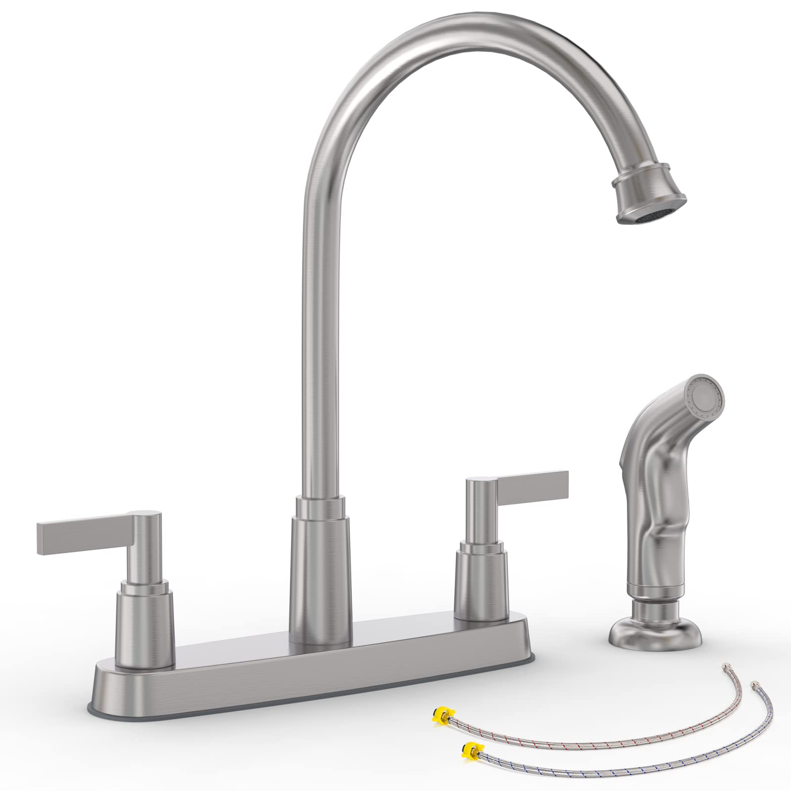 Gowin Kitchen Faucet With Side Sprayer,2 Handle Kitchen Sink Faucet,Kitchen Faucets For Sink 3 Hole Or 4 Hole,High Arc Stainless Steel 8 Inch Centerset (Brushed Nickel)