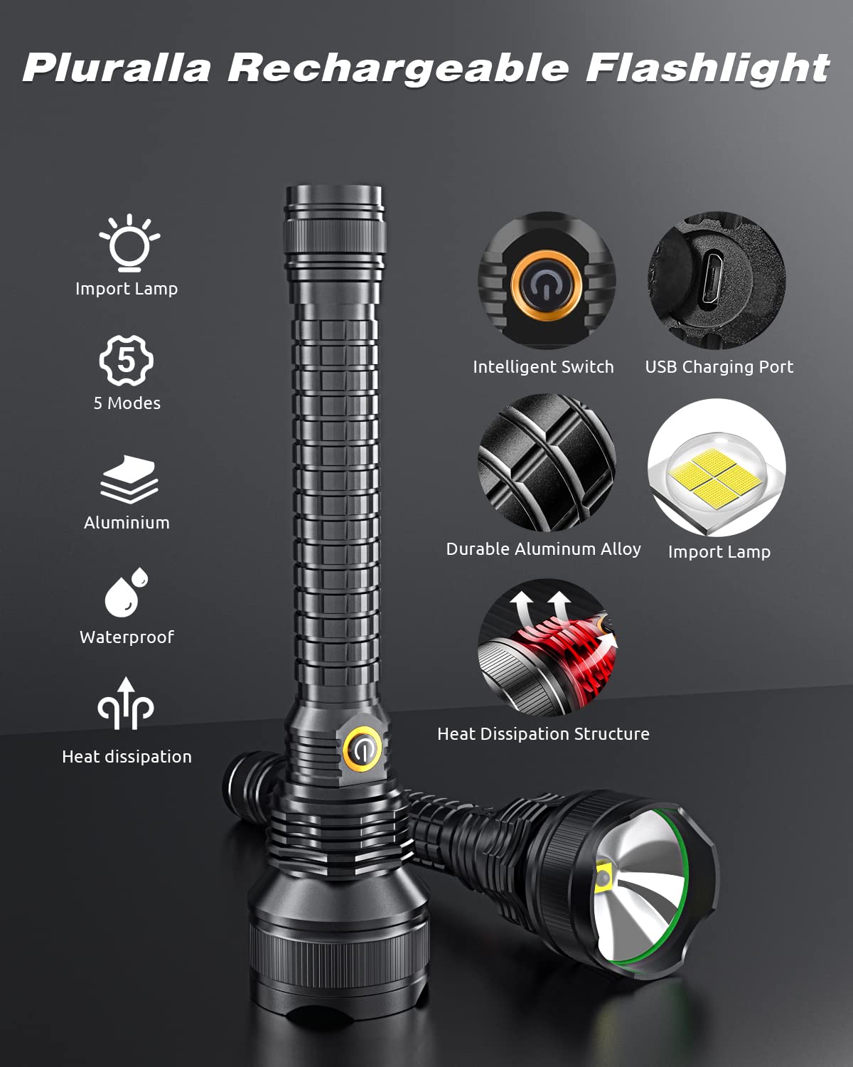 Pluralla Rechargeable Led Flashlights 7100 High Lumens, Super Bright Powerful Flashlights With 5 Lighting Modes, Waterproof Handheld Flashlight For Hunting, Camping-Black