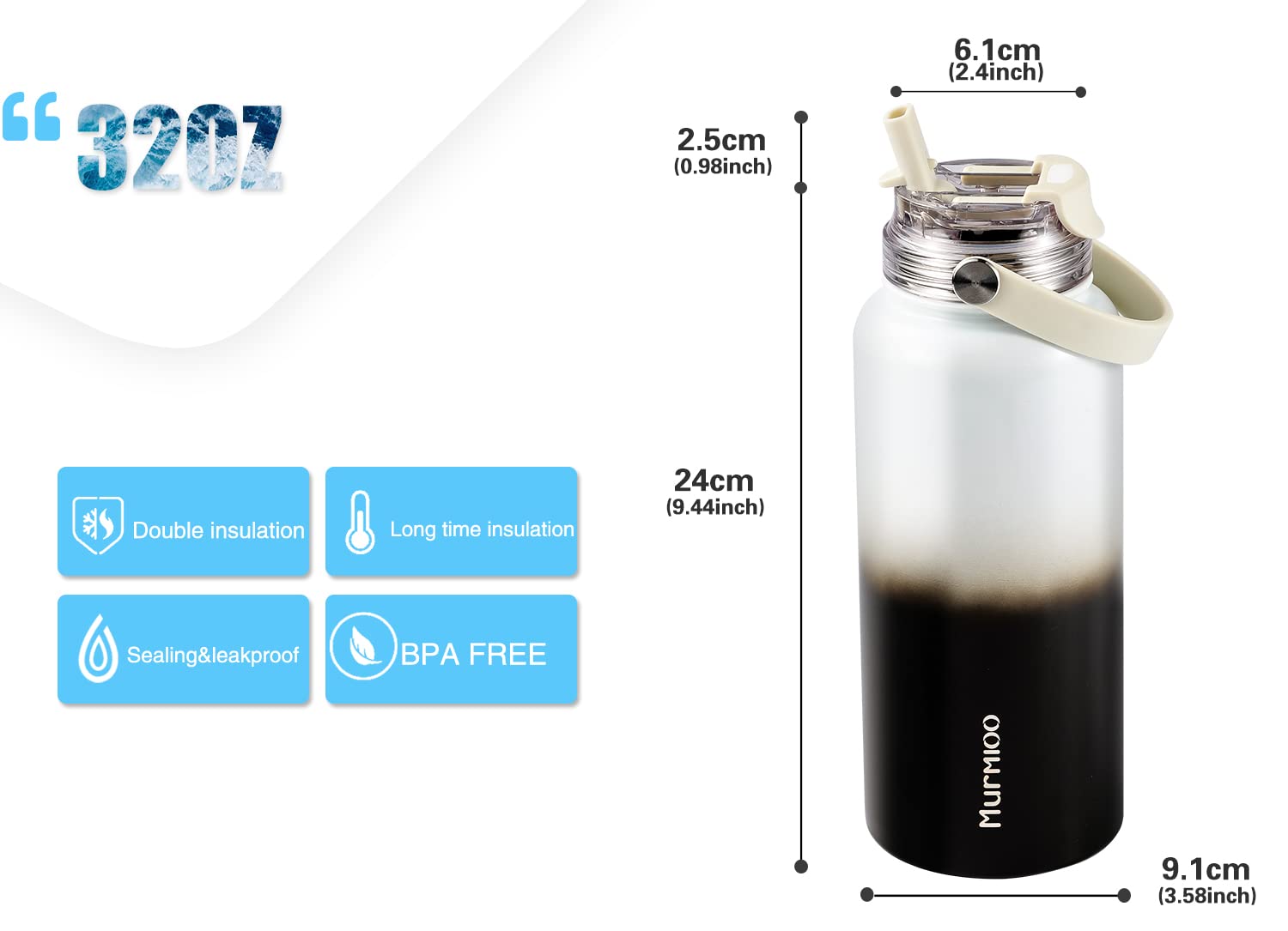 Murmioo Insulated Sports Water Bottle,2-In-1 Straw Lid(Straw & Directly Drinking Lids),Leak Proof