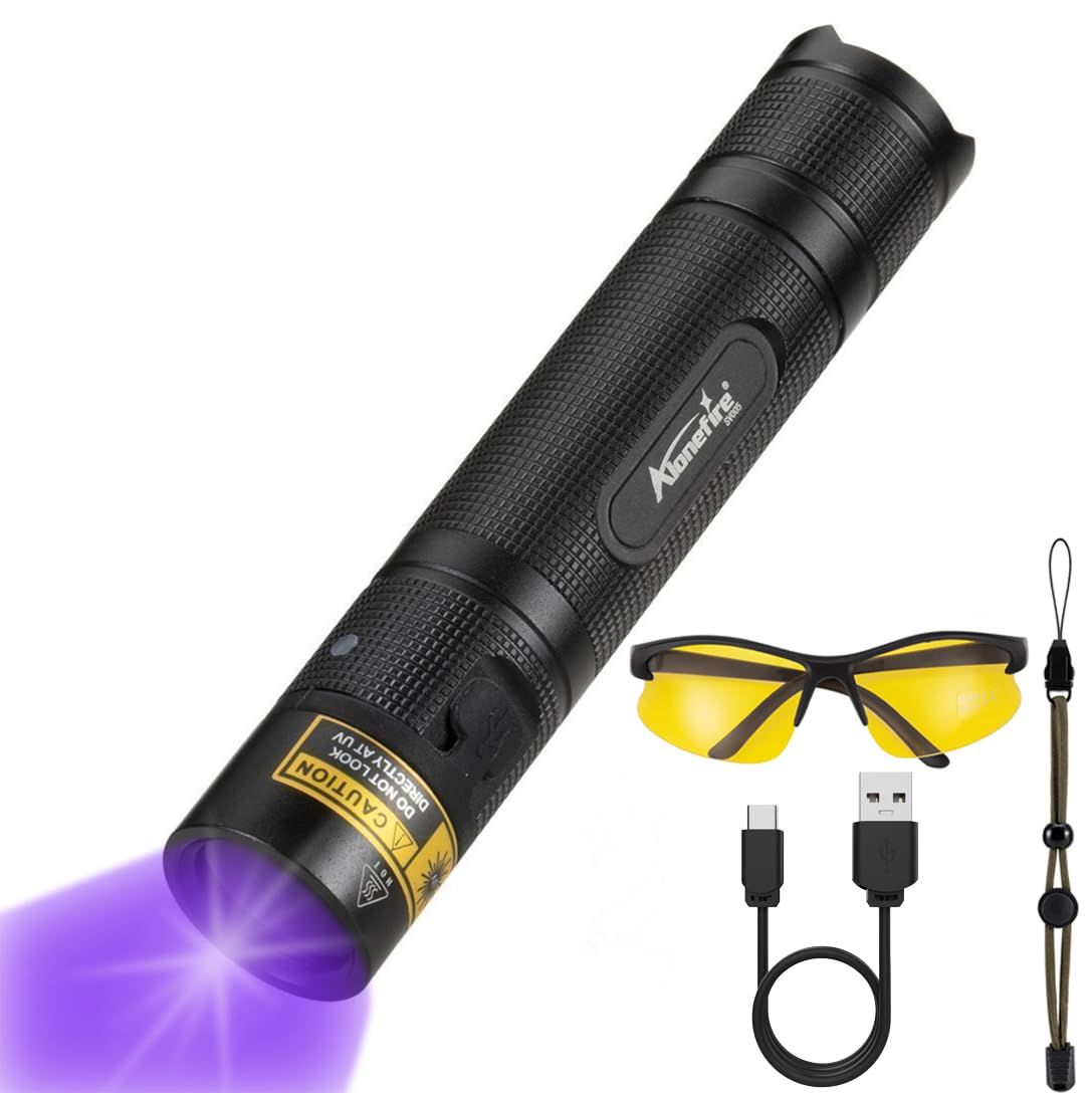 Alonefire Sv005 10W 365Nm Uv Flashlight Black Light Powerful Usb Rechargeable Woods Lamp Bed Bug Detector For Pet Urine Detection, Resin Curing, Minerals, Ac Leak With Uv Protective Glasses, Battery