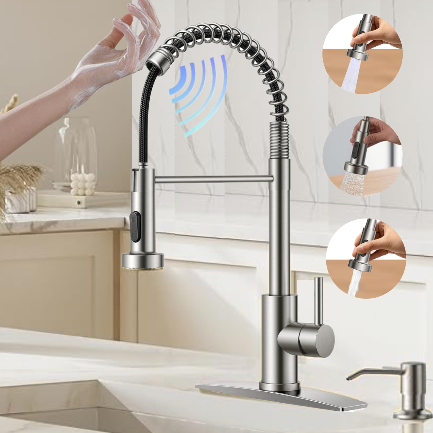 Videc Touch On Kitchen Faucet, 3 Modes Pull Down Sprayer, Smart Touch On Sensor Activated, Ceramic Disc Valve, 360-Degree Rotation, 1 Or 3 Hole Deck Plate. 20-Year . (Kw-62Sn, Brushed Nickel)