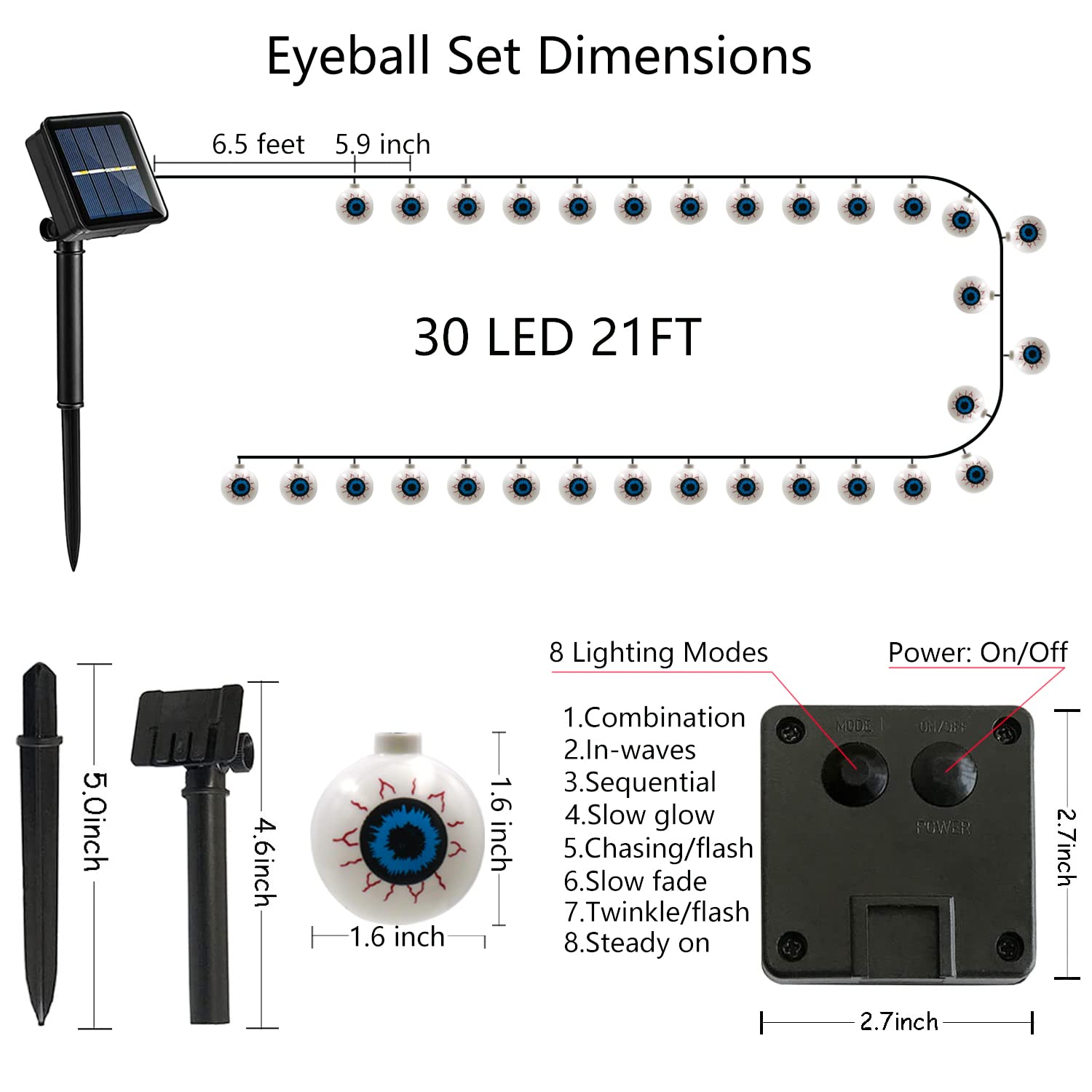 Xingpold Halloween Decorations Solar Eyeball String Lights Outdoor, 8 Modes Solar Halloween Lights With 30 Led Scary Eyeball Lights, 21Ft Waterproof Halloween Lights Outdoor For Garden Window Porch