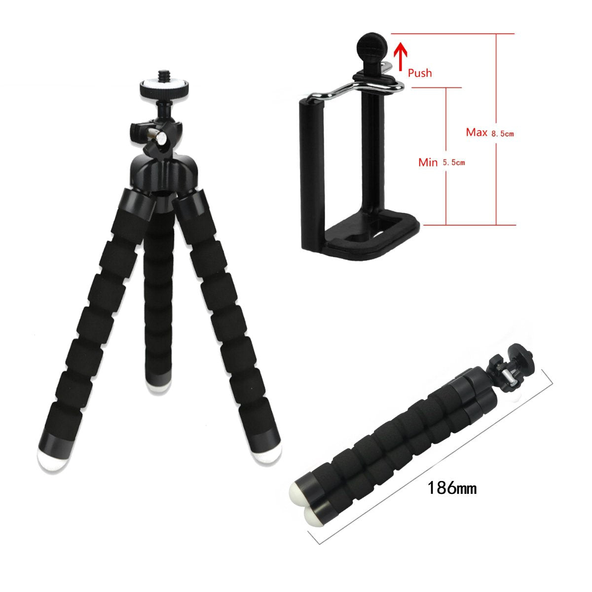 Akoak Mini Camera Tripod, Portable And Flexible Tripod With Cell Phone Holder Clip, Standard 1/4 Screw Suited For General Camera And Adjustable Clip Suited For The Mobile Phone Under 6 Inch,Black