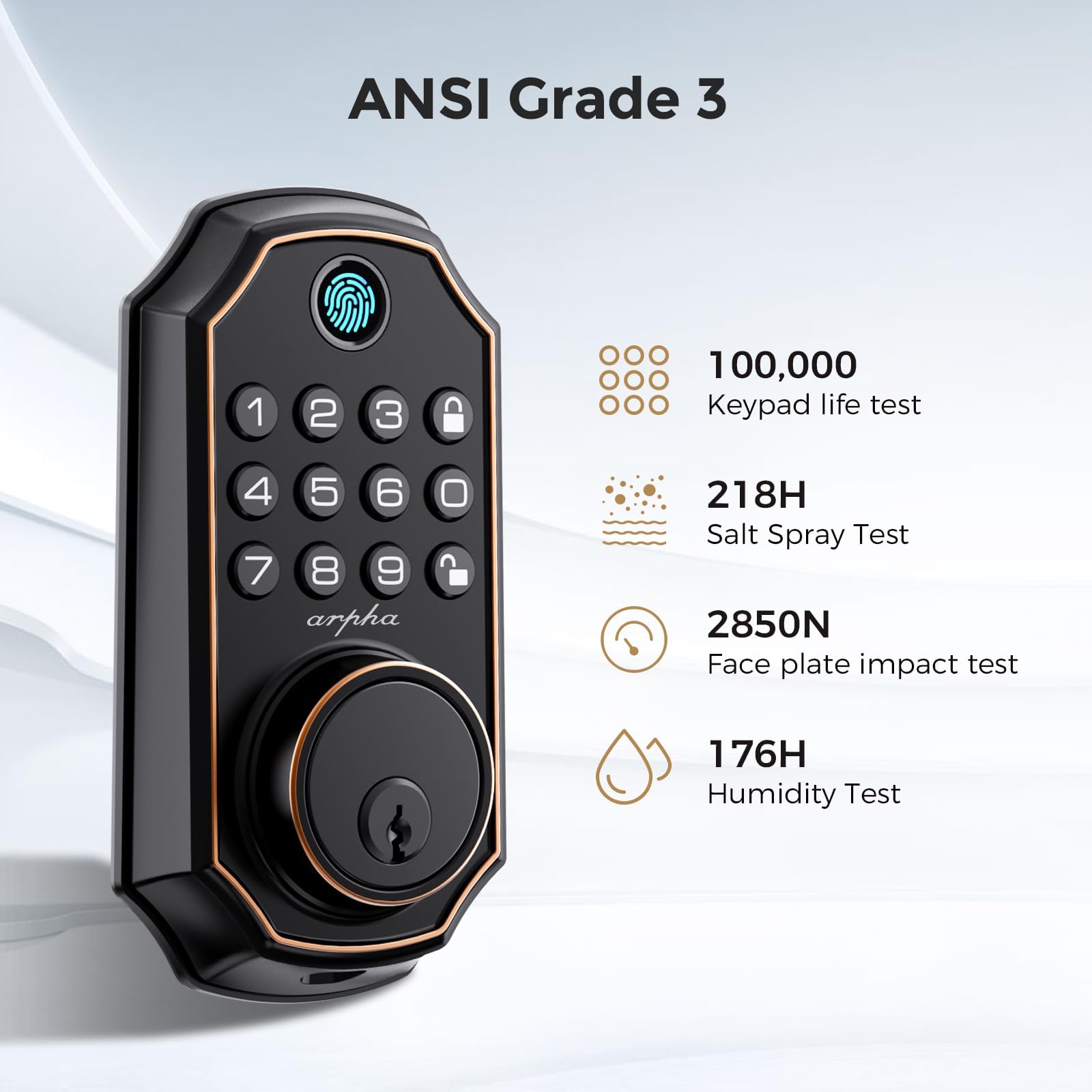 Arpha Keyless Entry Door Lock Deadbolt With Handle Set - 100 Code Smart Fingerprint Door Lock With App Control, Anti-Peeping Password Auto Locks, One Time Code, Zinc Alloy Black