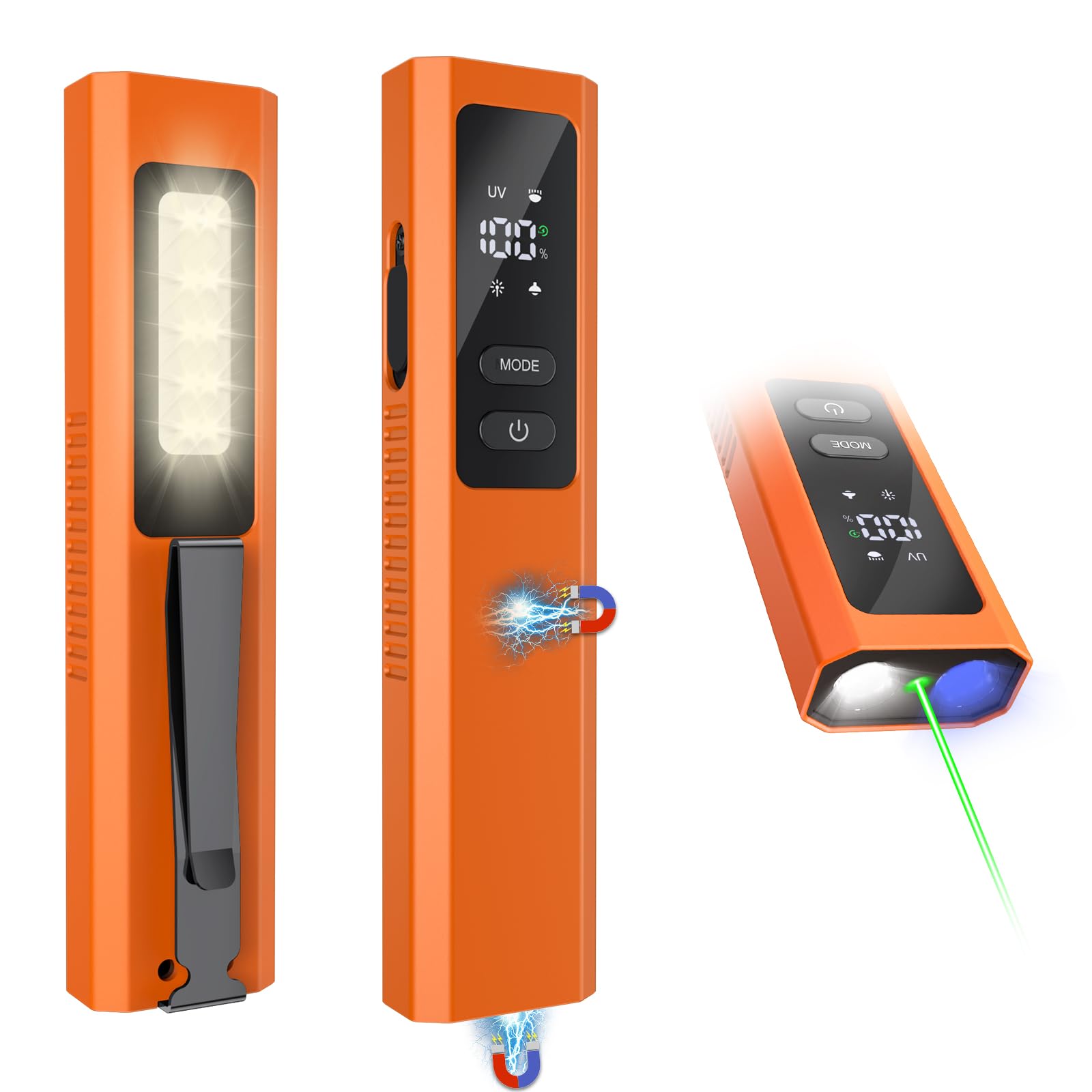 Acoszero Edc Flashlight 4 In 1 Pocket Magnetic Flashlight High Lumens Work Light With Green Beam & Uv Light & Warning Light Combo Edc Rechargeable Lt-010 (Orange)