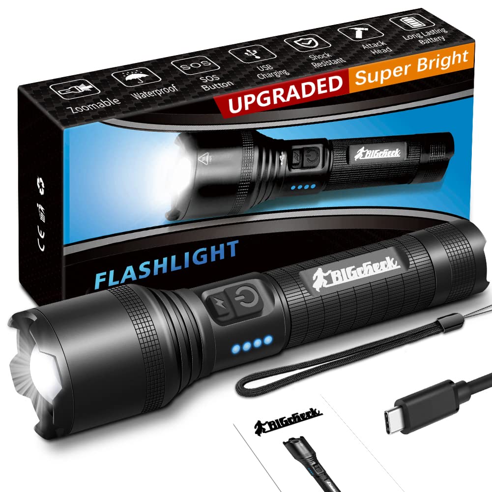 Bigcheck Flashlights High Lumens,Emergency Sos Flashlight Double Button, High/Medium/Low/Strobe/Sos,4X Zoomable Ip67 Waterproof Long Lasting Battery Powerful Rechargeable Flashlights【 Version