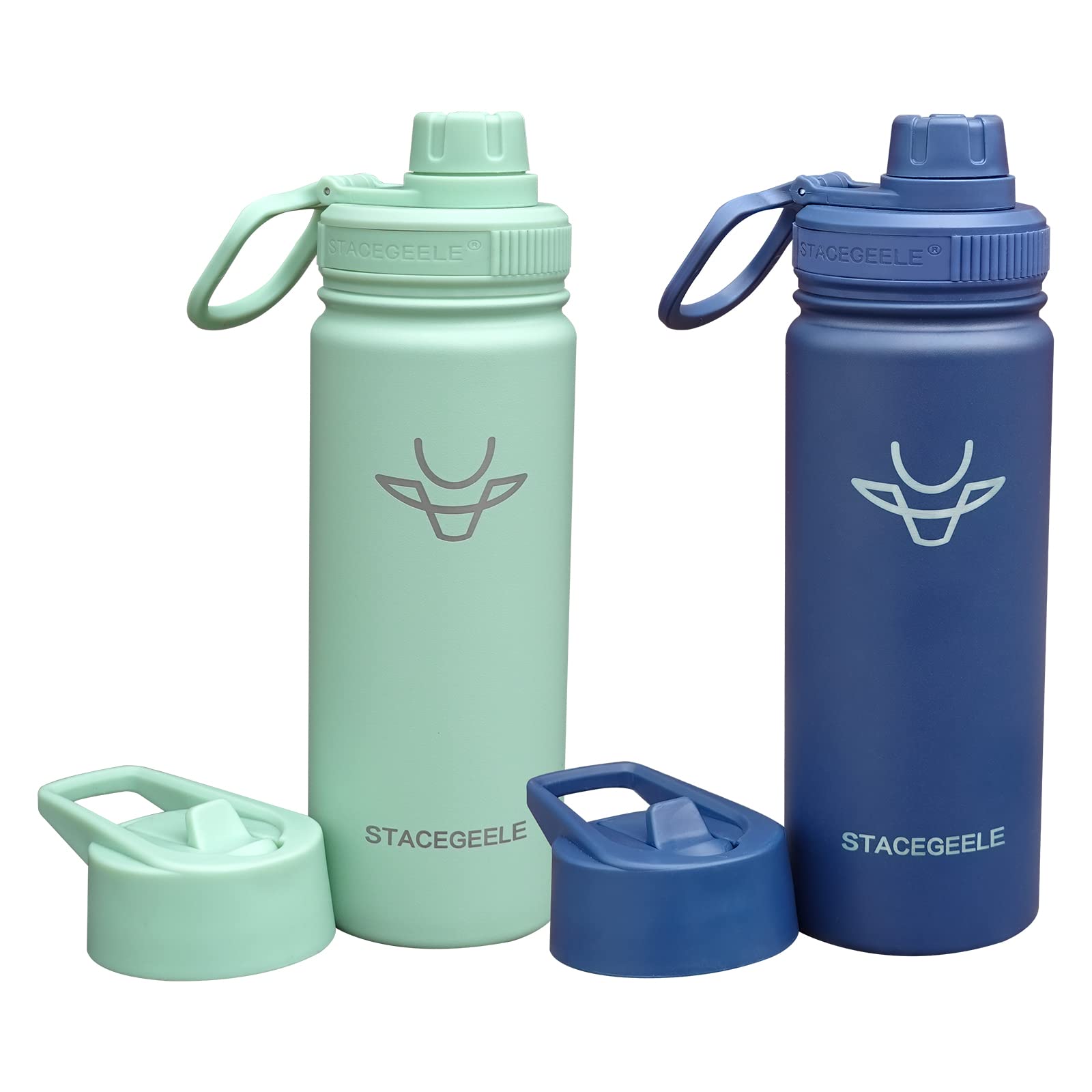 Stacegeele Insulated Water Bottle With Spout Lid Straw Lid 18Oz, 2 Pack (Green/Coalt)