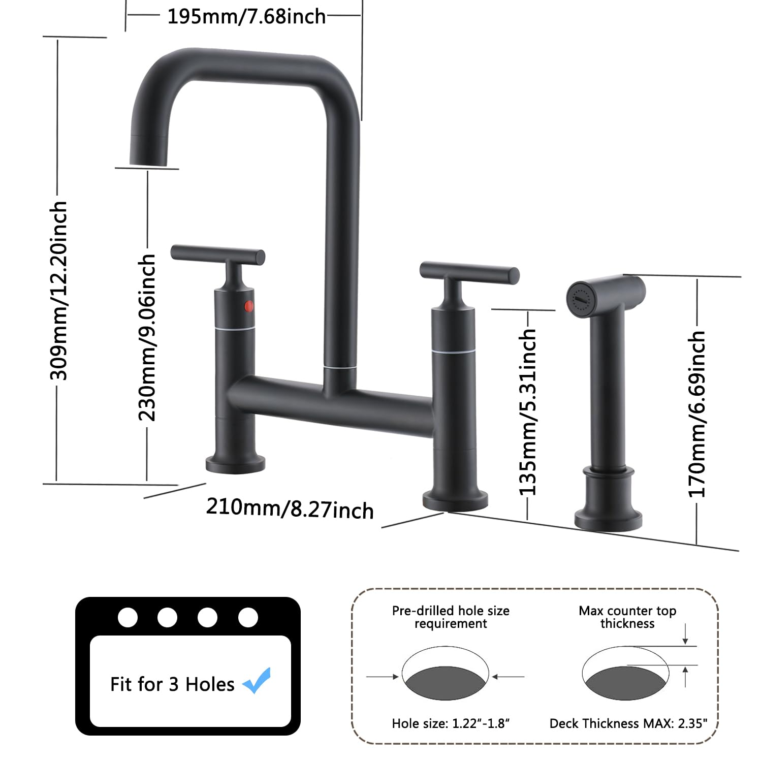 Felixbath Kitchen Bridge Faucet With Side Sprayer, 2 Handles 3 Holes Brass Kitchen Faucet 8 Inch Deck Mount Kitchen Sink Faucet, Matte Black (Cp026B)