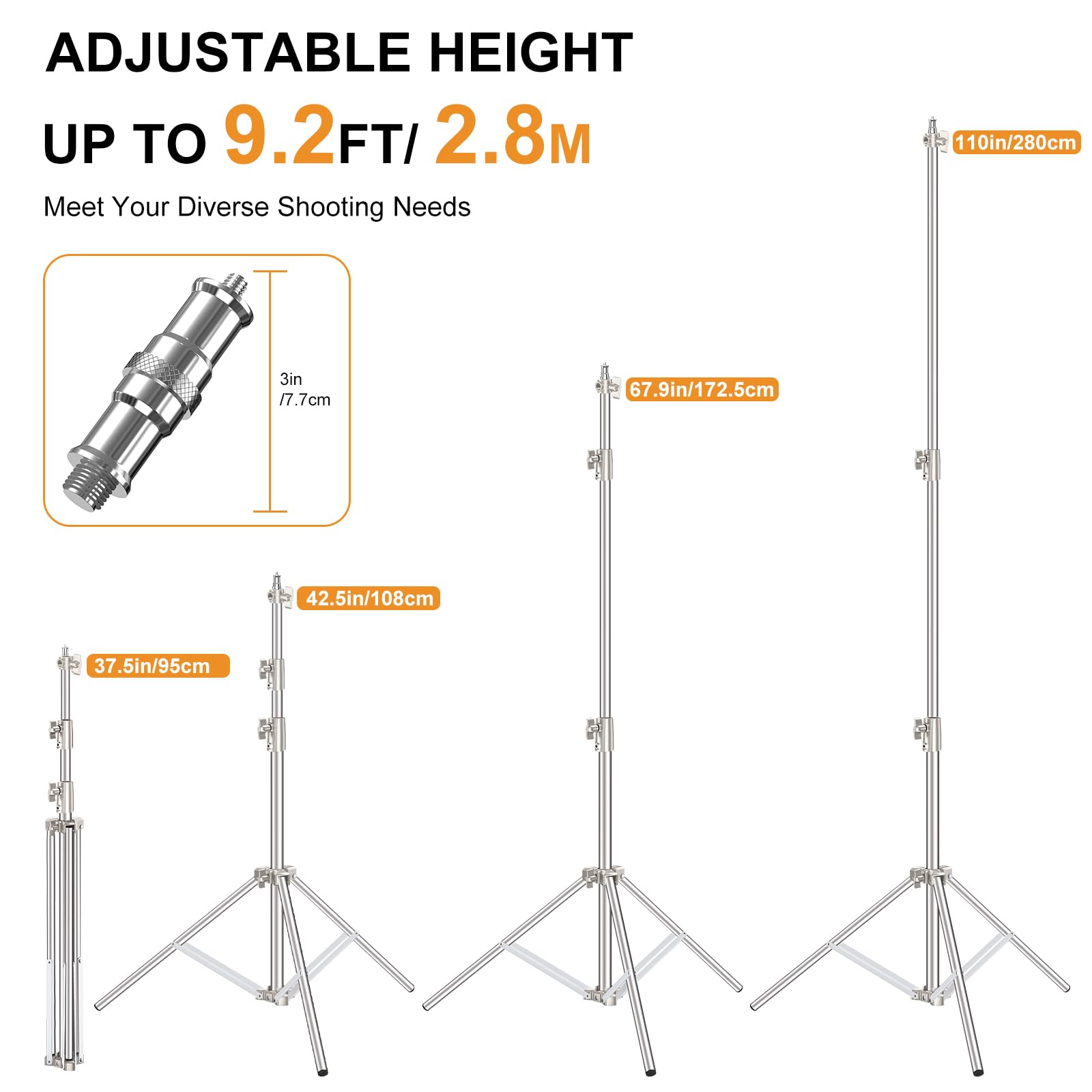 Anautin 9.2 Ft Stainless Steel Light Stand Photography, 2 Pack Heavy Duty Photography Tripod Stand With 1/4” To 3/8” Screw Adapter For Strobe,Led Video Light,Ring Light, Monolight, Softbox