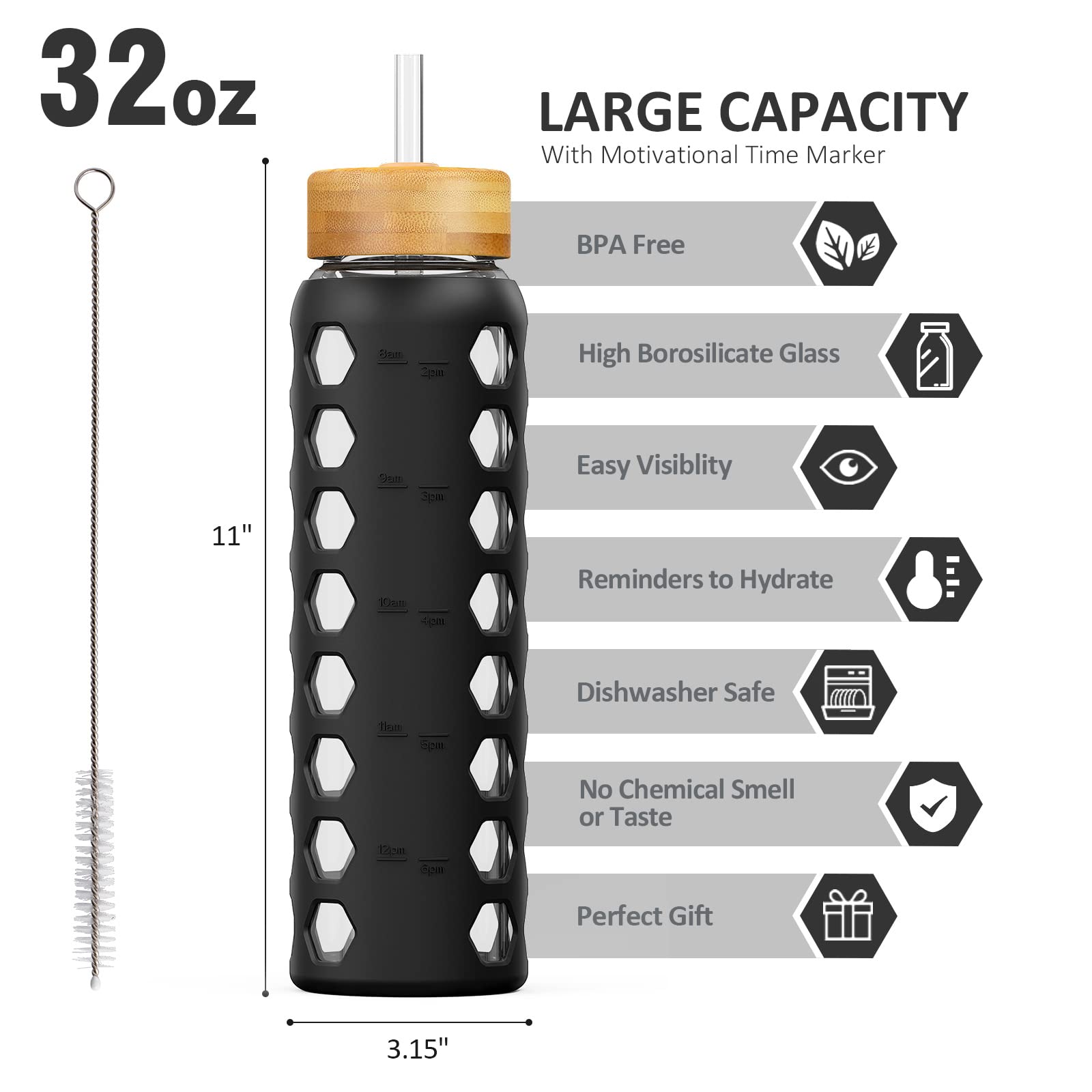 Mukoko 32Oz Glass Water Bottles With 2 Lids-Handle Spout Lid&Bamboo Straw Lid