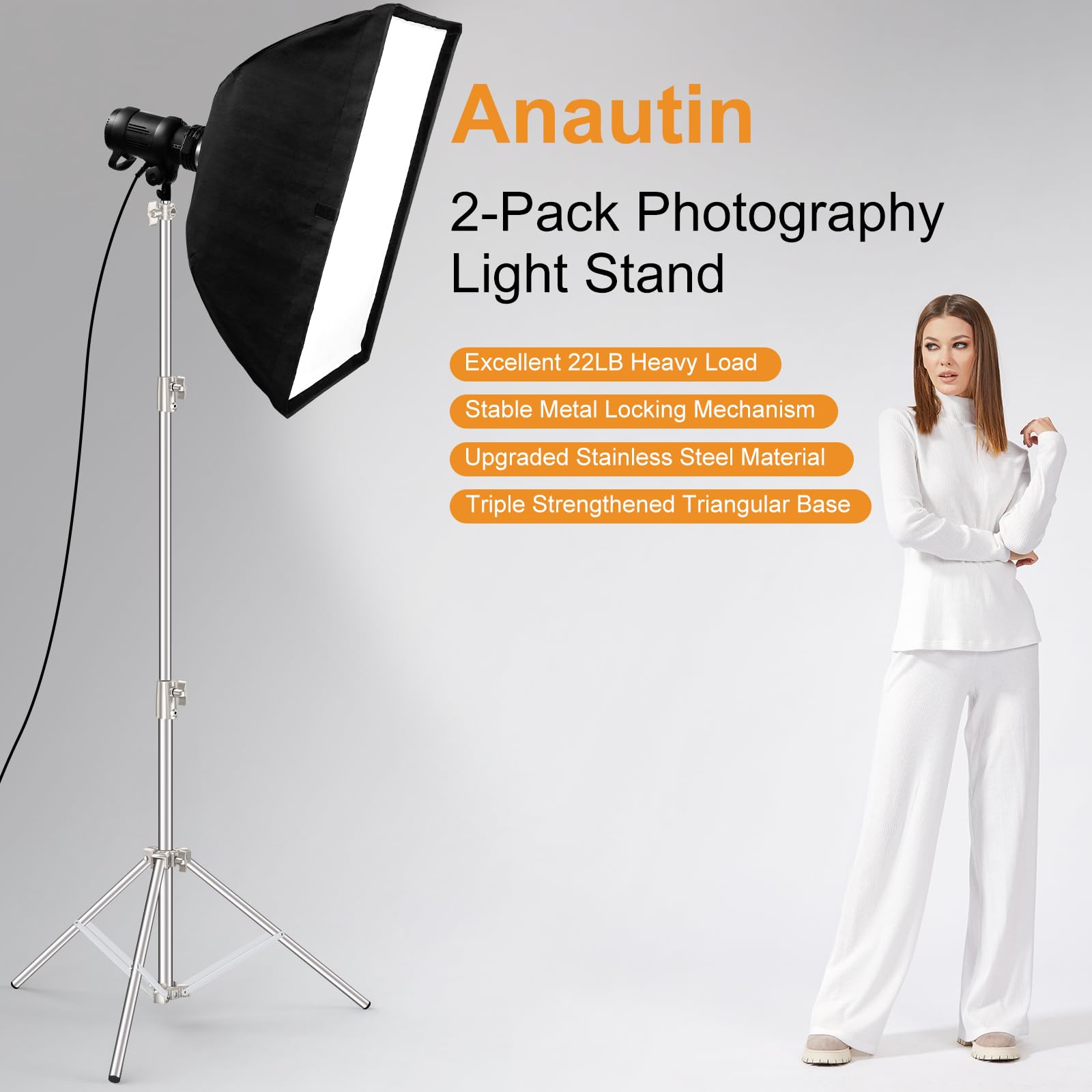 Anautin 9.2 Ft Stainless Steel Light Stand Photography, 2 Pack Heavy Duty Photography Tripod Stand With 1/4” To 3/8” Screw Adapter For Strobe,Led Video Light,Ring Light, Monolight, Softbox