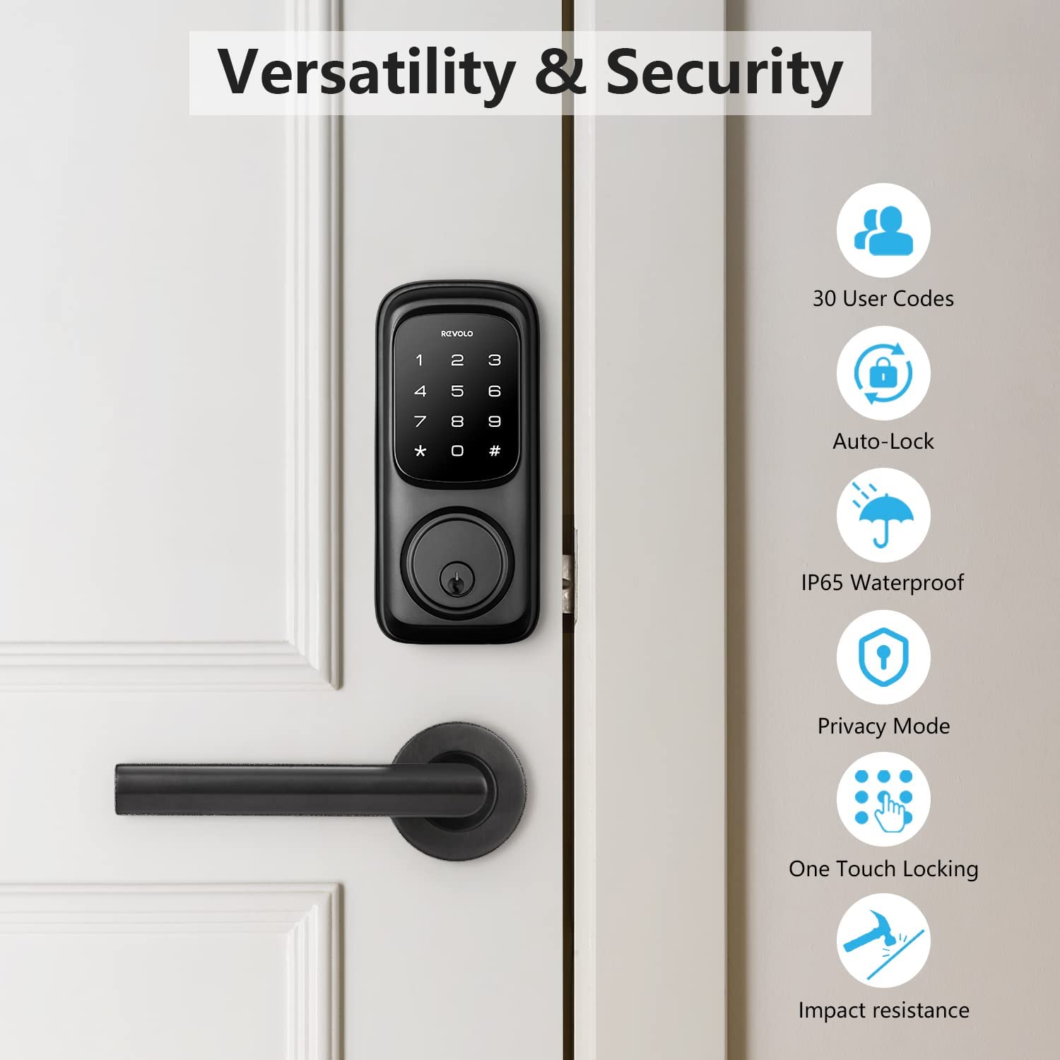 Revolo Keyless Entry Door Lock With Touchscreen Keypads, Electronic Keypad Deadbolt For Front Door, Ansi Grade 2 , All-Metal Construction, Auto Lock, Easy To Install, Matte Black