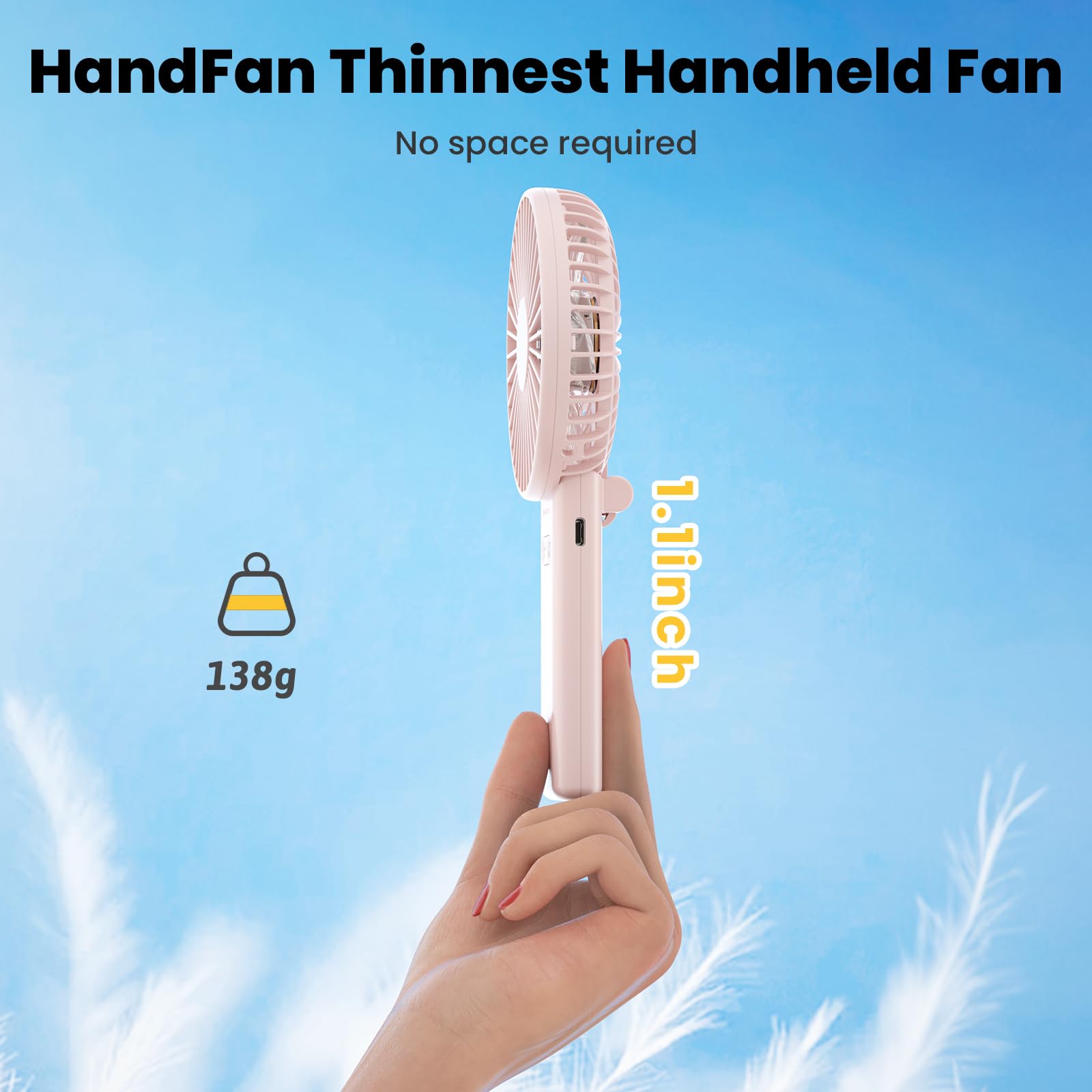 Handfan Ultra-Thin & Lightweight Handheld Fan (0.5In,0.3Lb), 5 Speeds Portable Hand Held Fan Usb