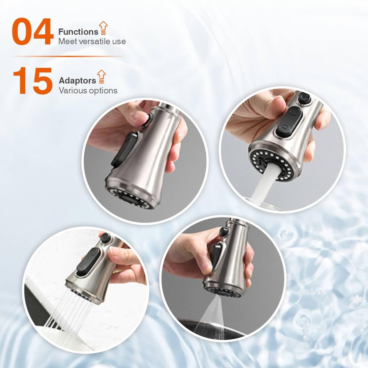 Rulia Kitchen Faucet Head Replacement With 12 Adapters, 4 Functions Kitchen Faucet Replacement Parts, Spray Nozzle, Brushed Nickel, Rb3037