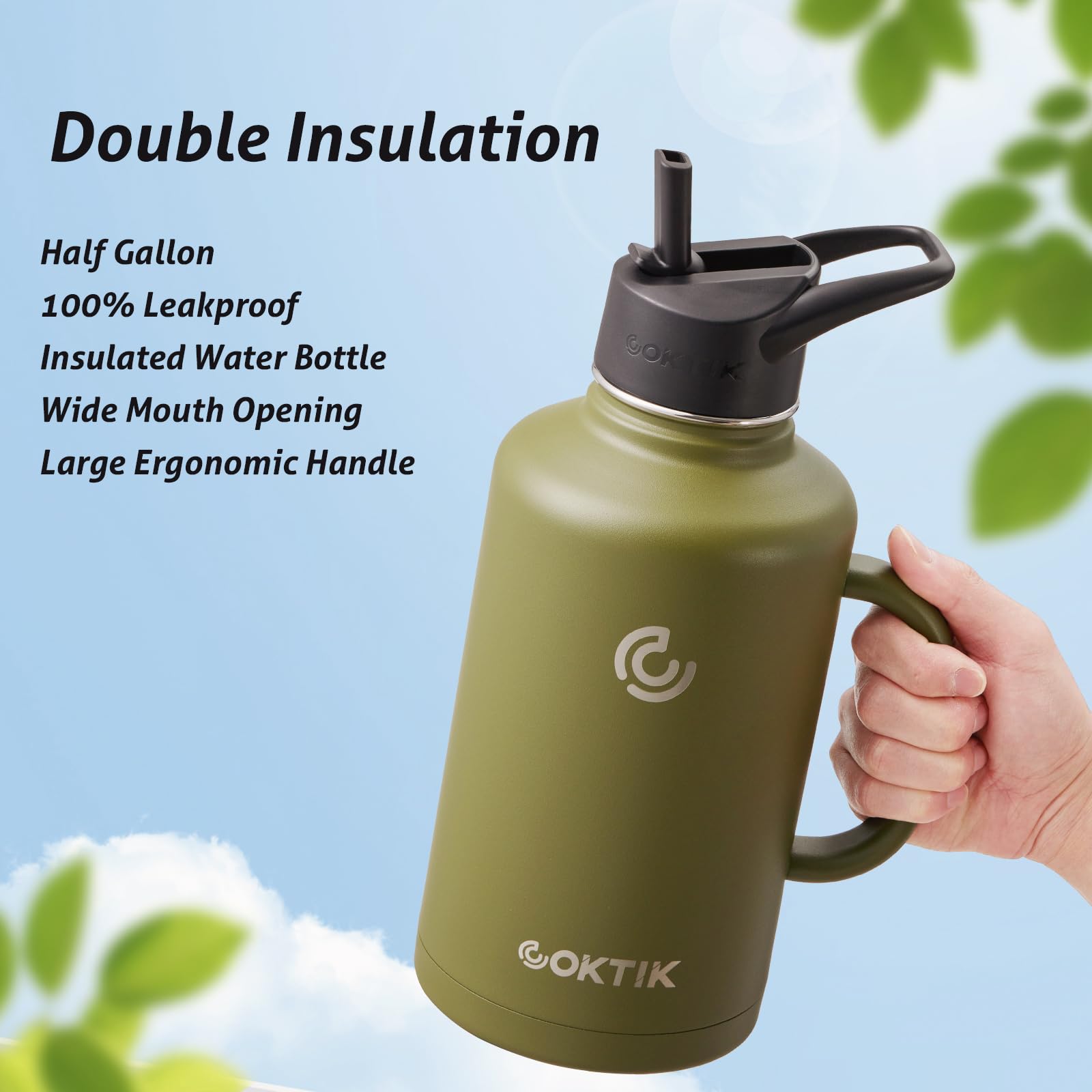 Coktik 64 Oz/Half Gallon Insulated Water Bottle Jug With Straw And Handle, Double Walled Stainless