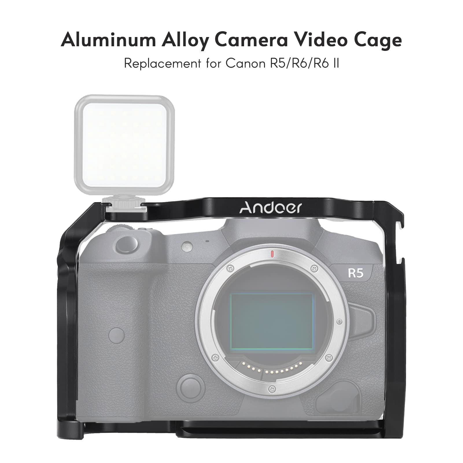 Andoer Camera Cage Aluminum Alloy Camera Video Cage With Dual Cold Shoe Mount Numerous 1/4 Inch & 3/8 Inch Threads Replacement For Canon R5/R6/R6 Ii