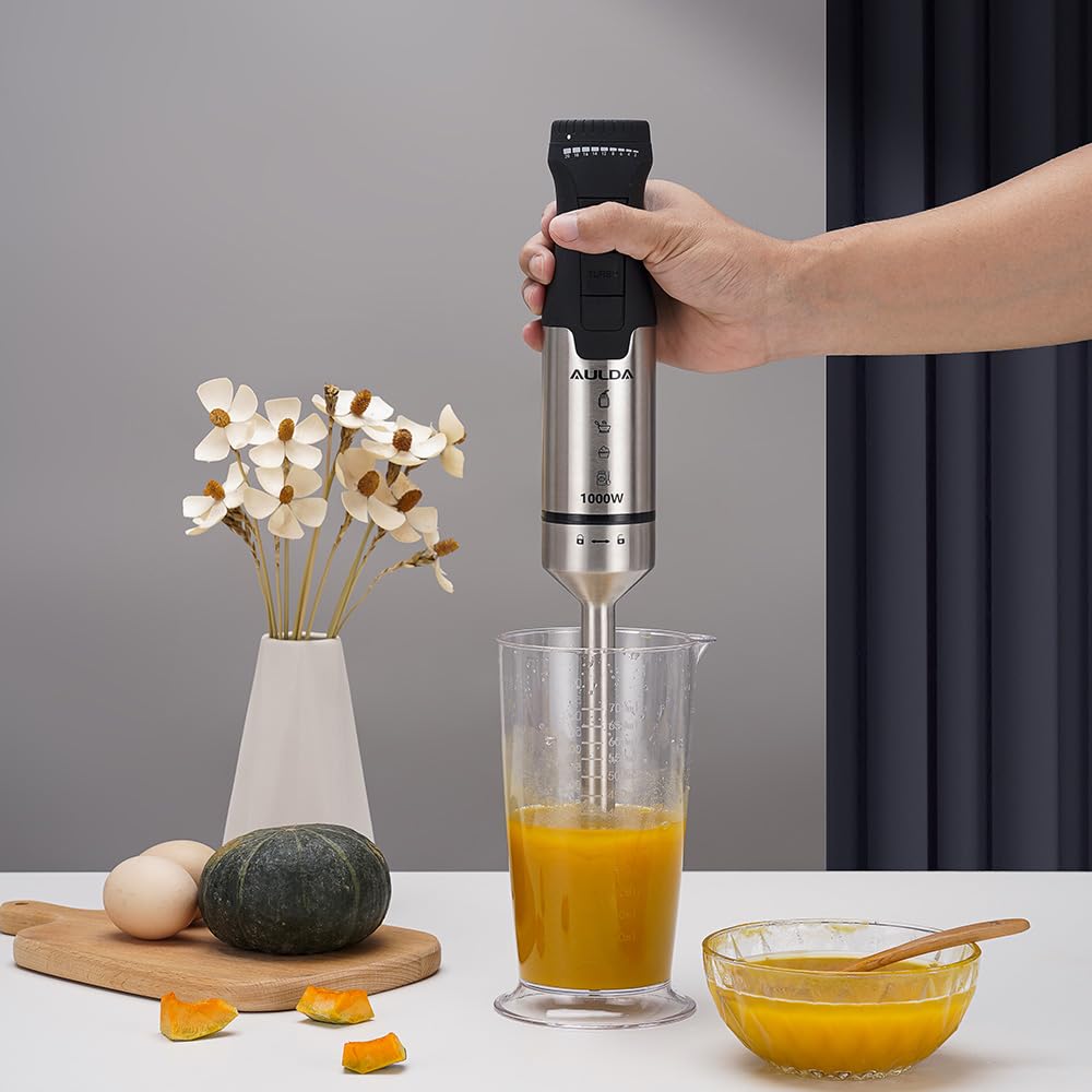 Aulonda 1000W 5-In-1 Immersion Hand Blender 20 Speeds, Stainless Steel Stick Blender With Mixing Beaker, Chopper Bowl, Milk Frother, Egg Whisk For Smoothie, Baby Food, Sauces Red,Puree, Soup