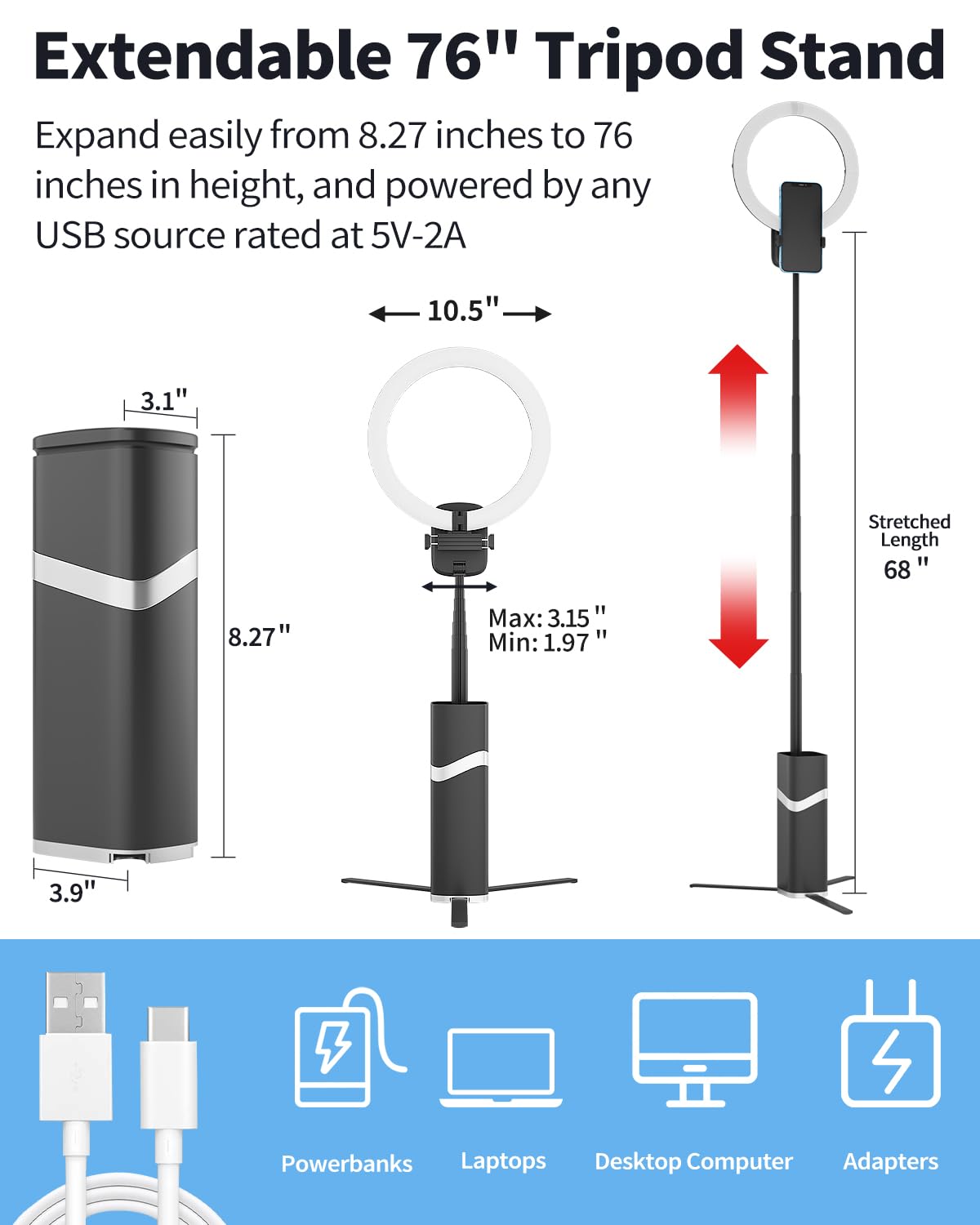 Beitier 10" Foldable Ring Light With 76" Extendable Tripod Stand, 4000Mah Led Circle Light With Phone Holder For Video Recording, Photography, Live Stream, Makeup, Tiktok, Youtube (Black)