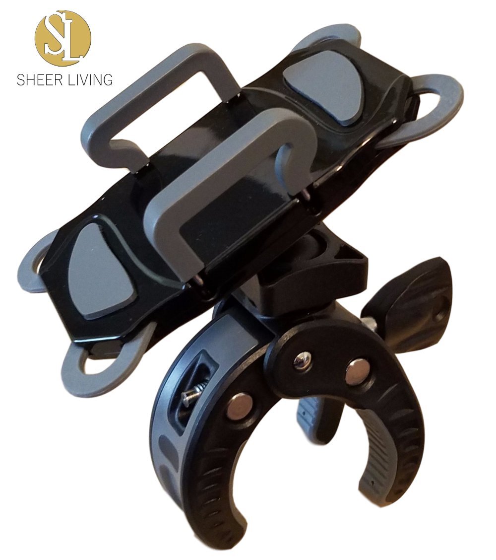 Sheer Living Baby Stroller Phone Holder, Shopping Cart, Golf Cart, Push Cart, Bike Phone Mount, For Motorcycle, Scooter, Atv, Boat, Spin Bike, Treadmill, Handlebar- Universal- Iphone, Cell Phone Clamp (Grey)