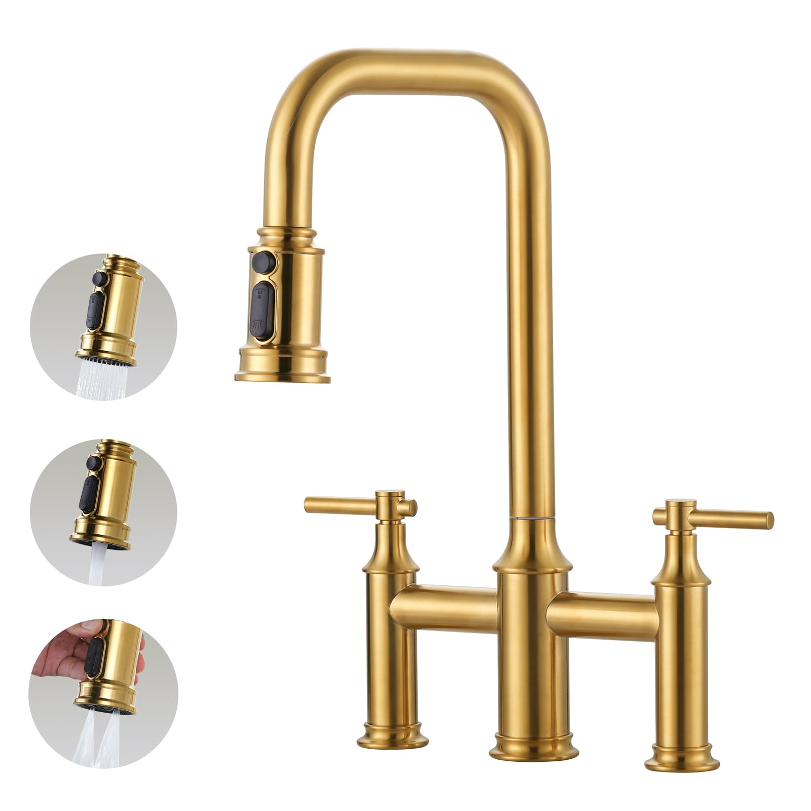 Arcora Bridge Kitchen Faucet Brushed Gold: Two Handles 8 Inch Centerset Brass - 3 Holes High Arc With Pull Down Sprayer For Farmhouse, 360 Swivel Spout