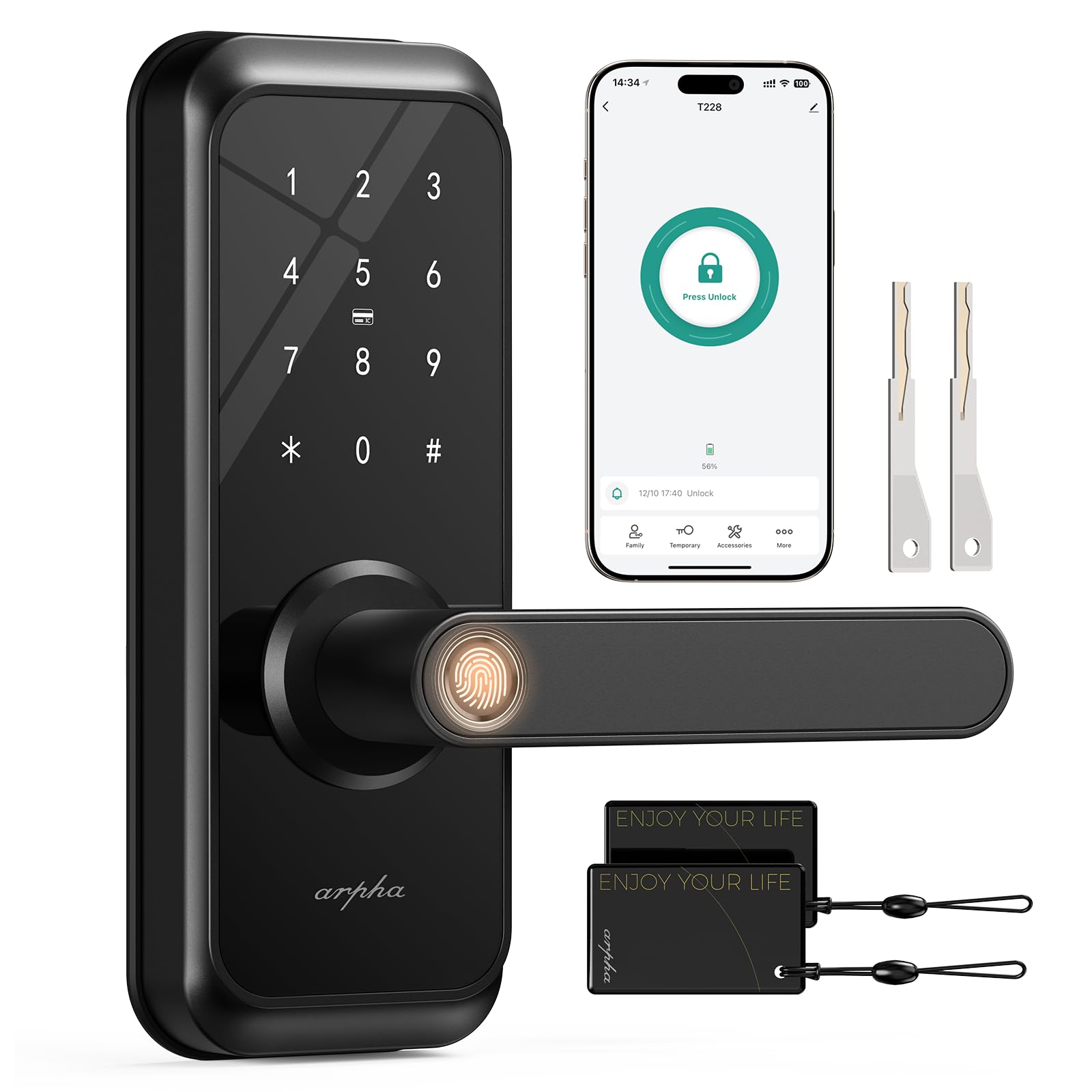 Arpha Smart Door Lock With Handle - 5-In-1 Fingerprint Keyless Entry, App Control, Keypad Deadbolt, Fob & Auto-Lock, Anti-Peep, Waterproof Ip65 For Front Door Security (Black)