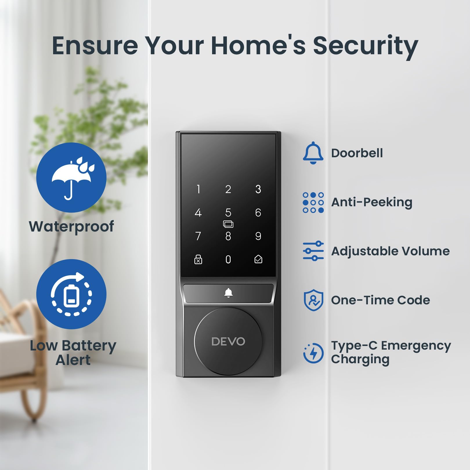 Devo G4 Smart Door Lock, 4 In 1 Keyless Entry Door Lock With Doorbell, Smart Deadbolt Lock For Front Door, App Control, Easy Installation, Ip54 Waterproof, Bhma Grade 3