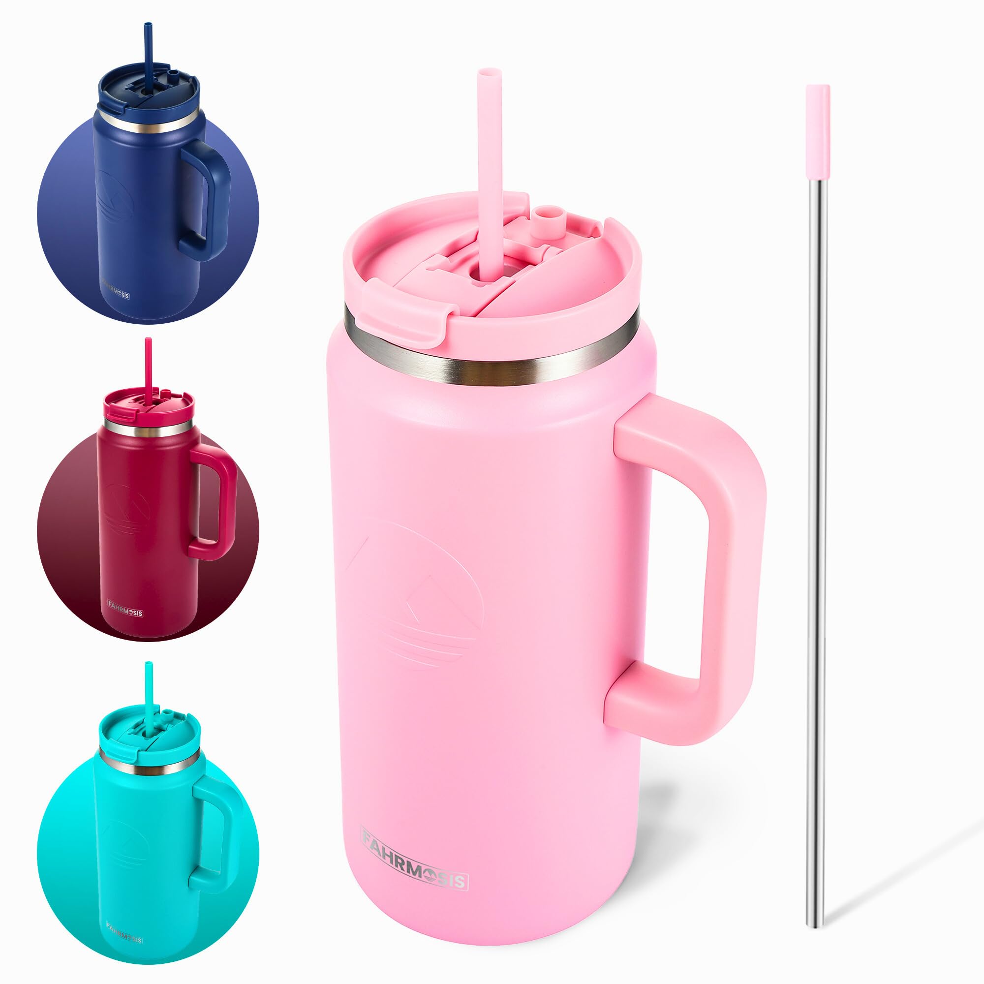 64 Oz Tumbler With Handle And Straw Half Gallon Water Bottle Stainless Steel Travel Mug