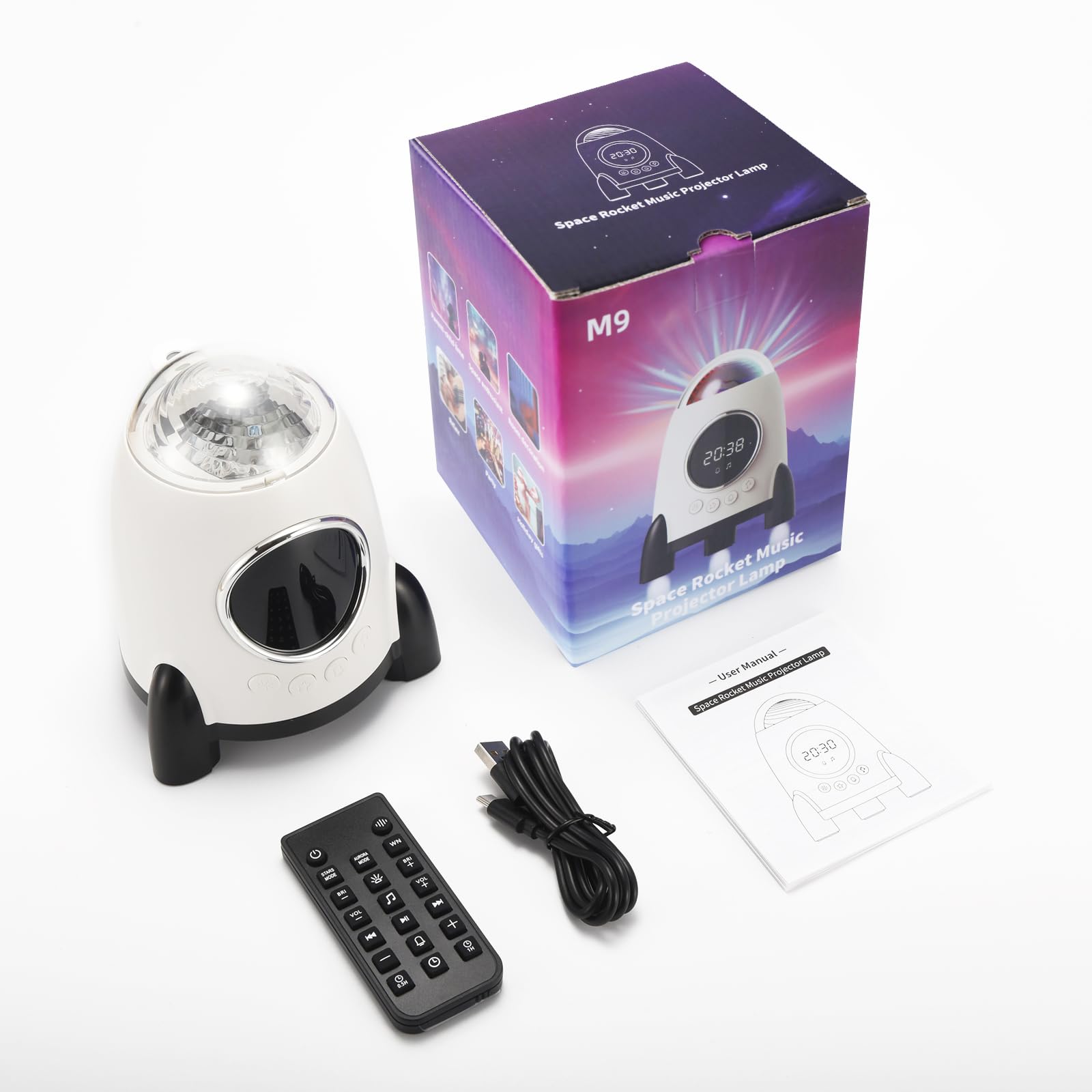 Konchile Star Projector With Alarm Clock, Rocket Galaxy For Bedroom, Bluetooth Speaker And White Noise Aurora