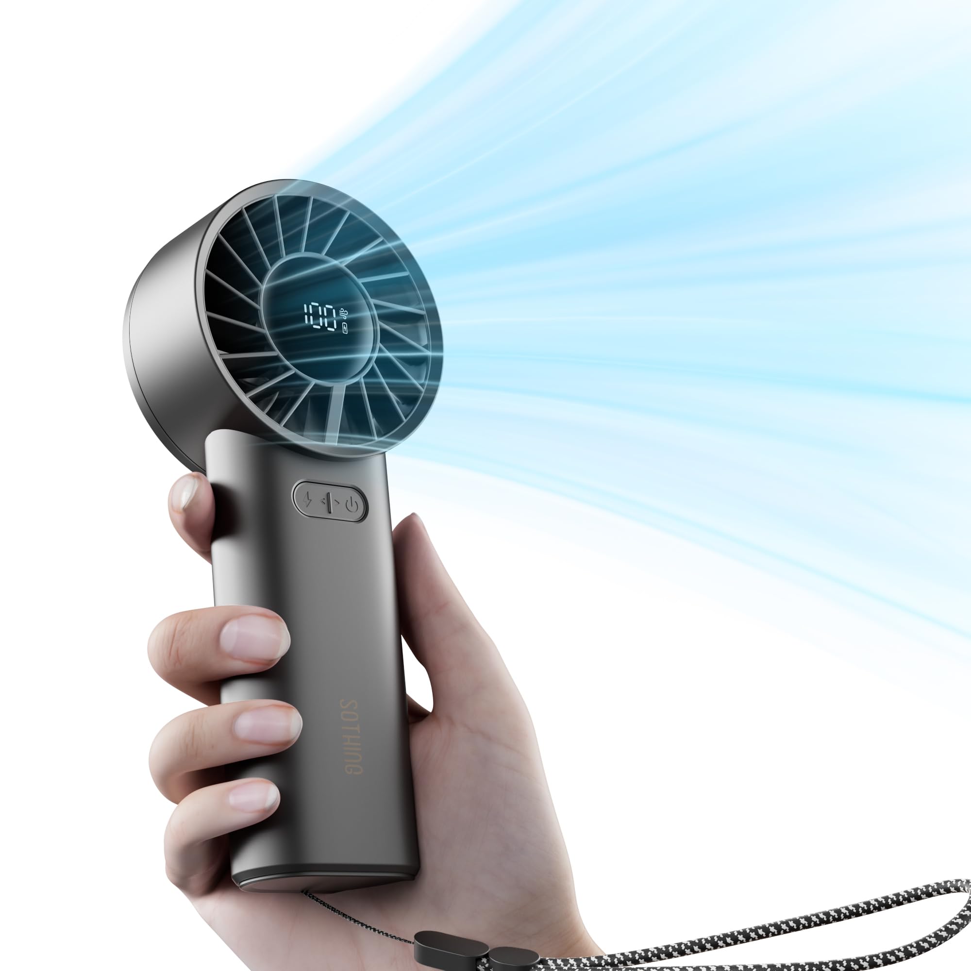 Portable Handheld Fan,100-Speed Adjustable Personal Rechargeable Fan With Led Display, Lanyard, Mini - Koospark