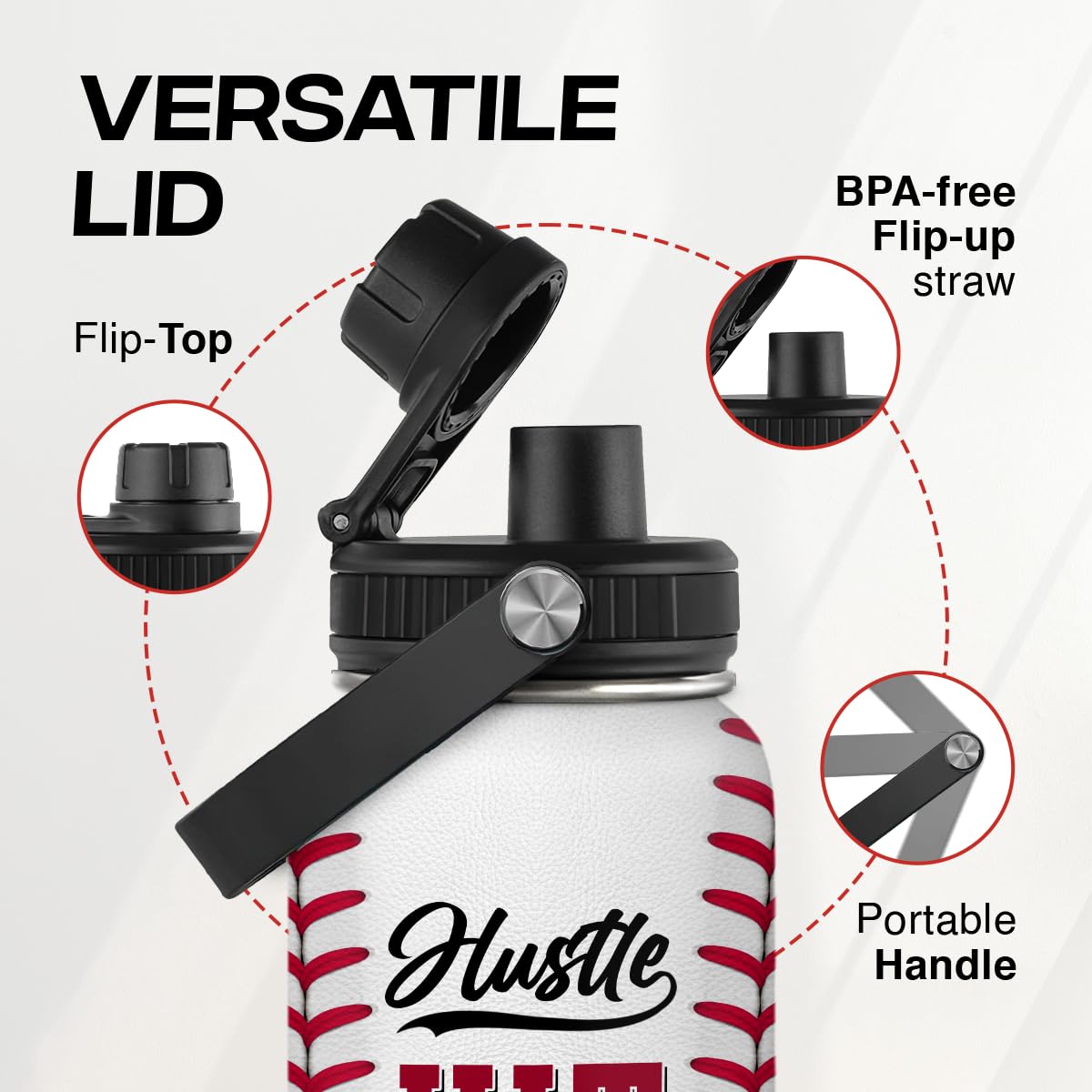 Sandjest Baseball Water Bottle 32Oz Hustle Hit Never Quit Stainless Steel Insulated Bottle