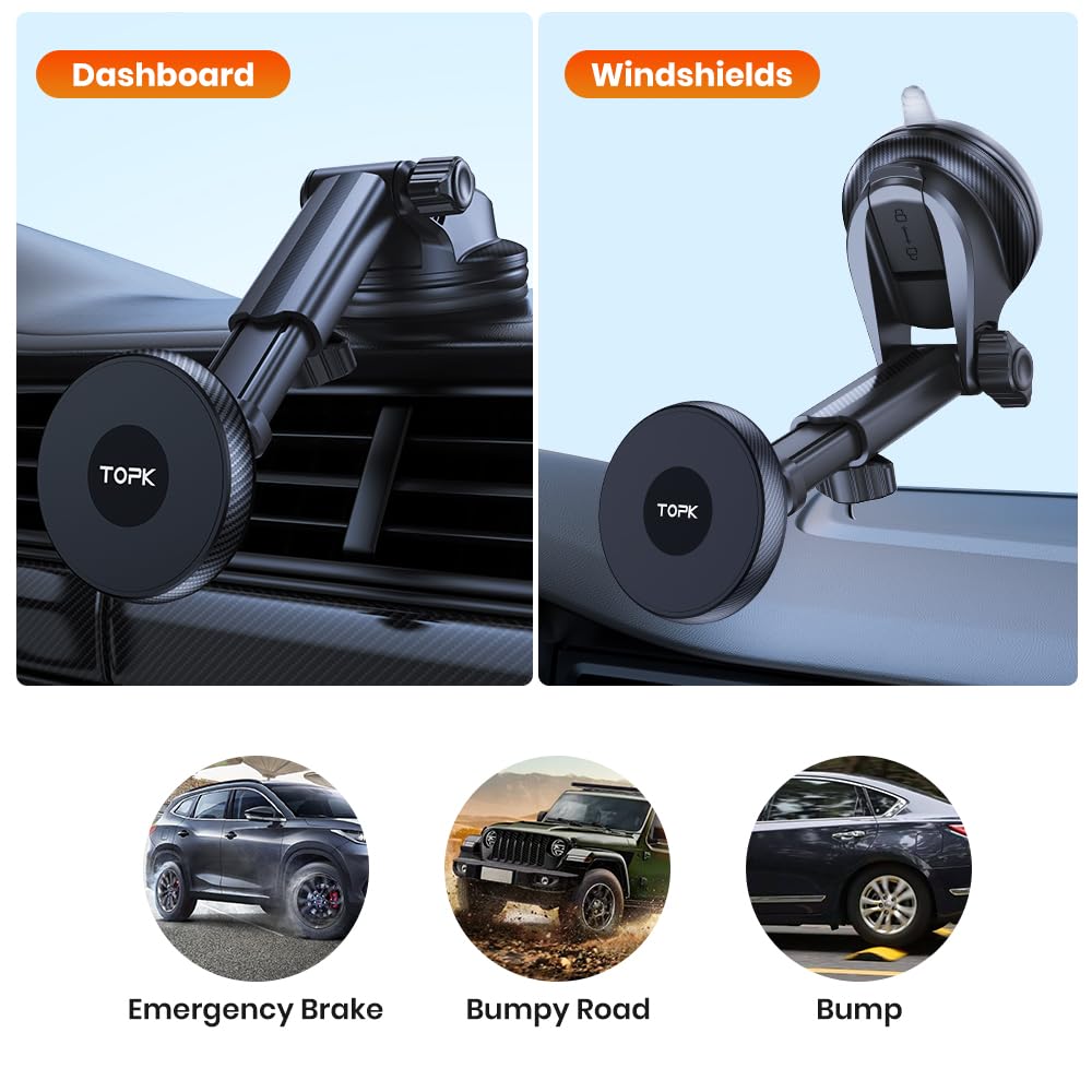 Topk Mag-Safe Car Phone Holder, Magnetic Phone Car Mount For Windshield And Dashboard, Strong Suction Adjustable Long Arm With Strongest Magnet, Car Cradle For Iphone 15/14/13/12 Series