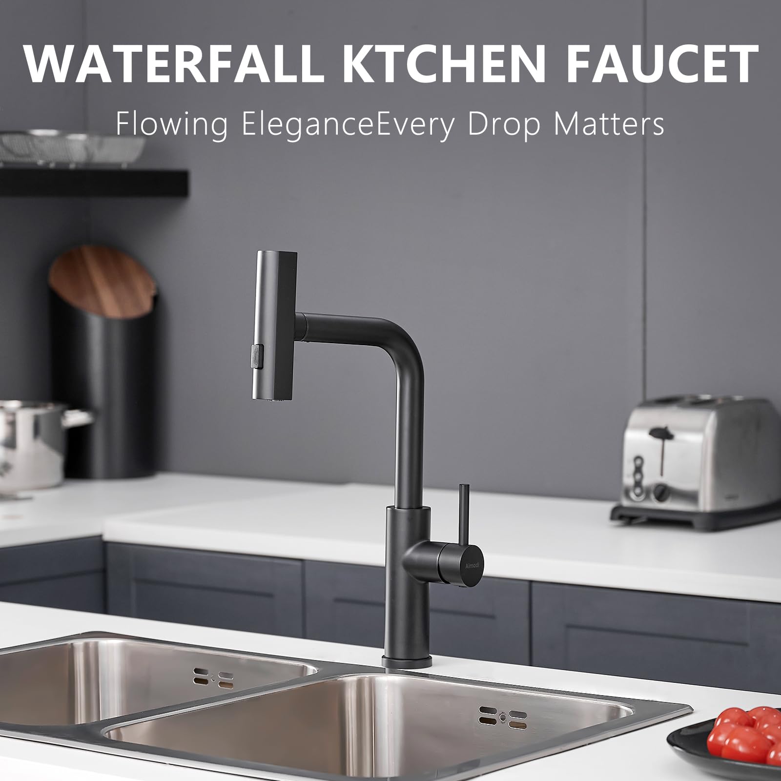 Aimadi Waterfall Kitchen Faucets, Matte Black Kitchen Faucet With Pull Down Sprayer, Modern Single Handle Kitchen Sink Faucet Black, 3-Function Spray