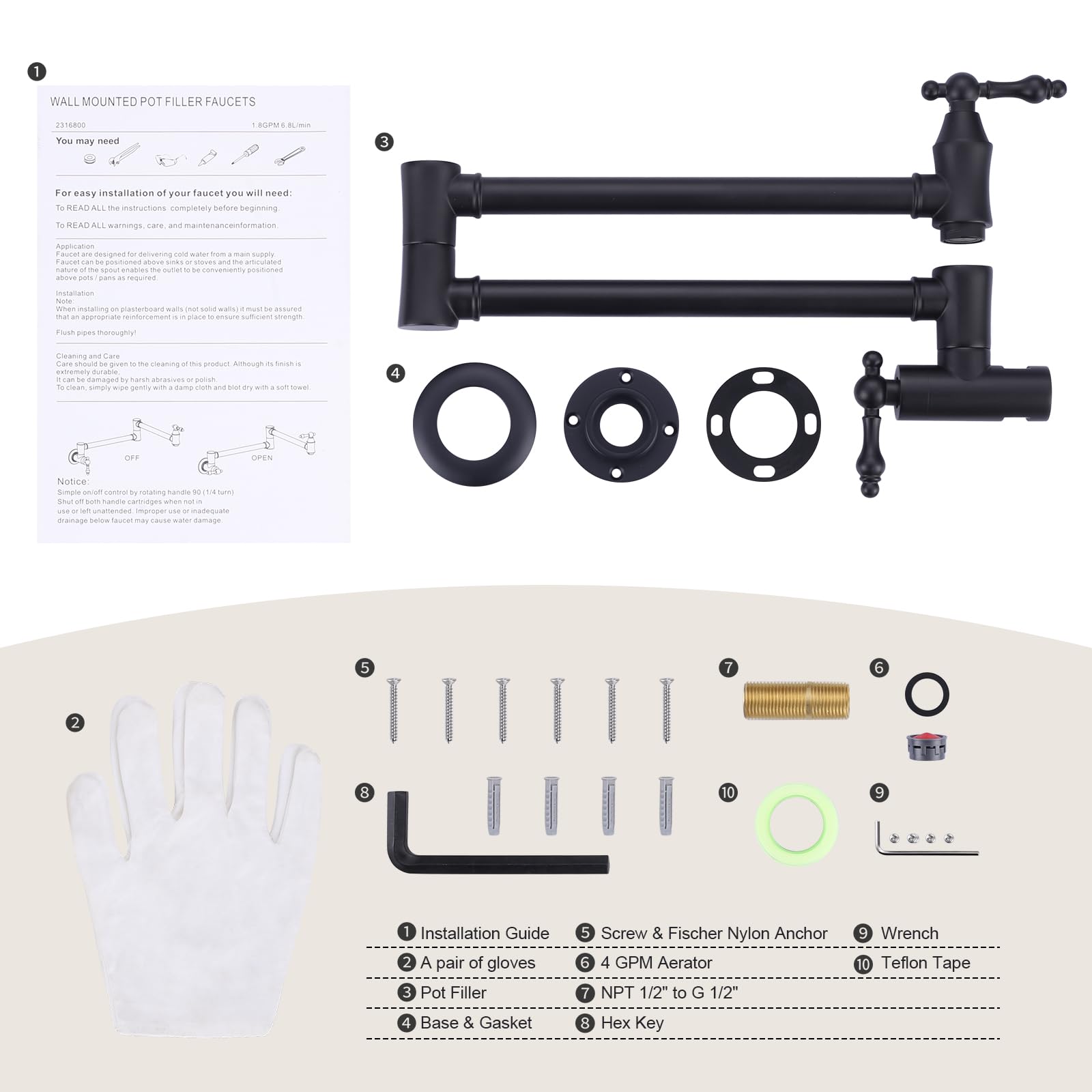 Arcora Brass Pot Filler Faucet Black: Wall Mount Commercial Pot Filler With Double Joint Swing Arms - Traditional 2 Handle Kitchen Pot Faucet Over Stove