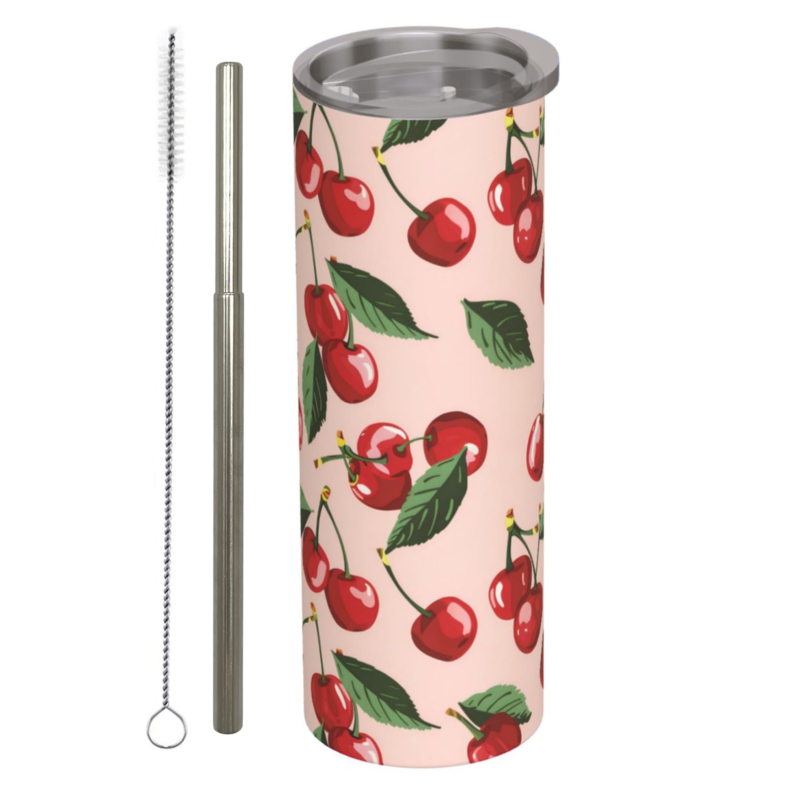 Cute Cherry Stainless Steel Insulated Tumbler With Lid And Straw - 20Oz Red Fruit Travel Mug