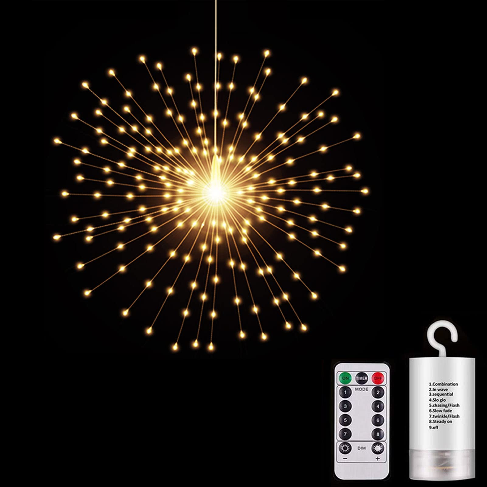 Shukan 200 Led Starburst Sphere Lights - Firework Style, Battery Powered, Waterproof Tent Chandelier For Gardens, Porches And Christmas - Remote Control (Warm White)
