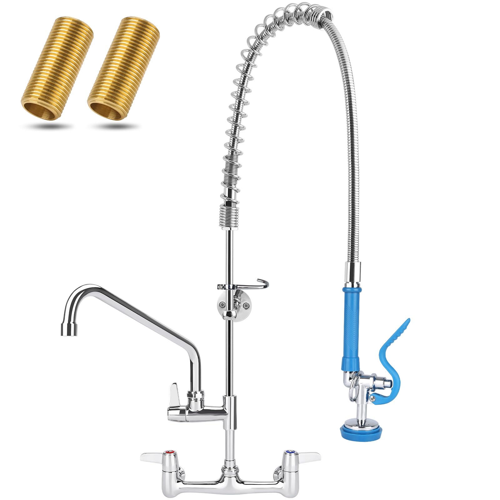 Bzimak 43" Commercial Sink Faucet,Commercial Faucet With Pre-Rinse Sprayer, 8" Adjustable Center & 360° 12Inch Swing Spout, Wall Mount C Ommercial Kitchen Fa Ucet With Sprayer For 1/2/3 Compartment Sink