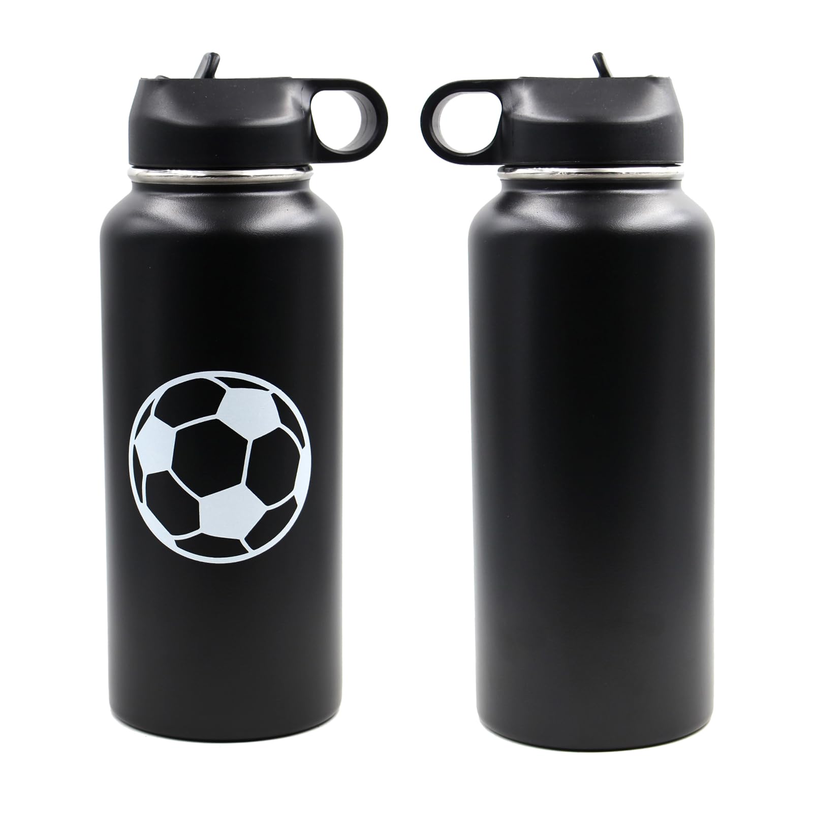 32Oz Soccer Water Bottle, Wide Mouth Sports Flask With 2 Lids Straw Lid And Flex Cap