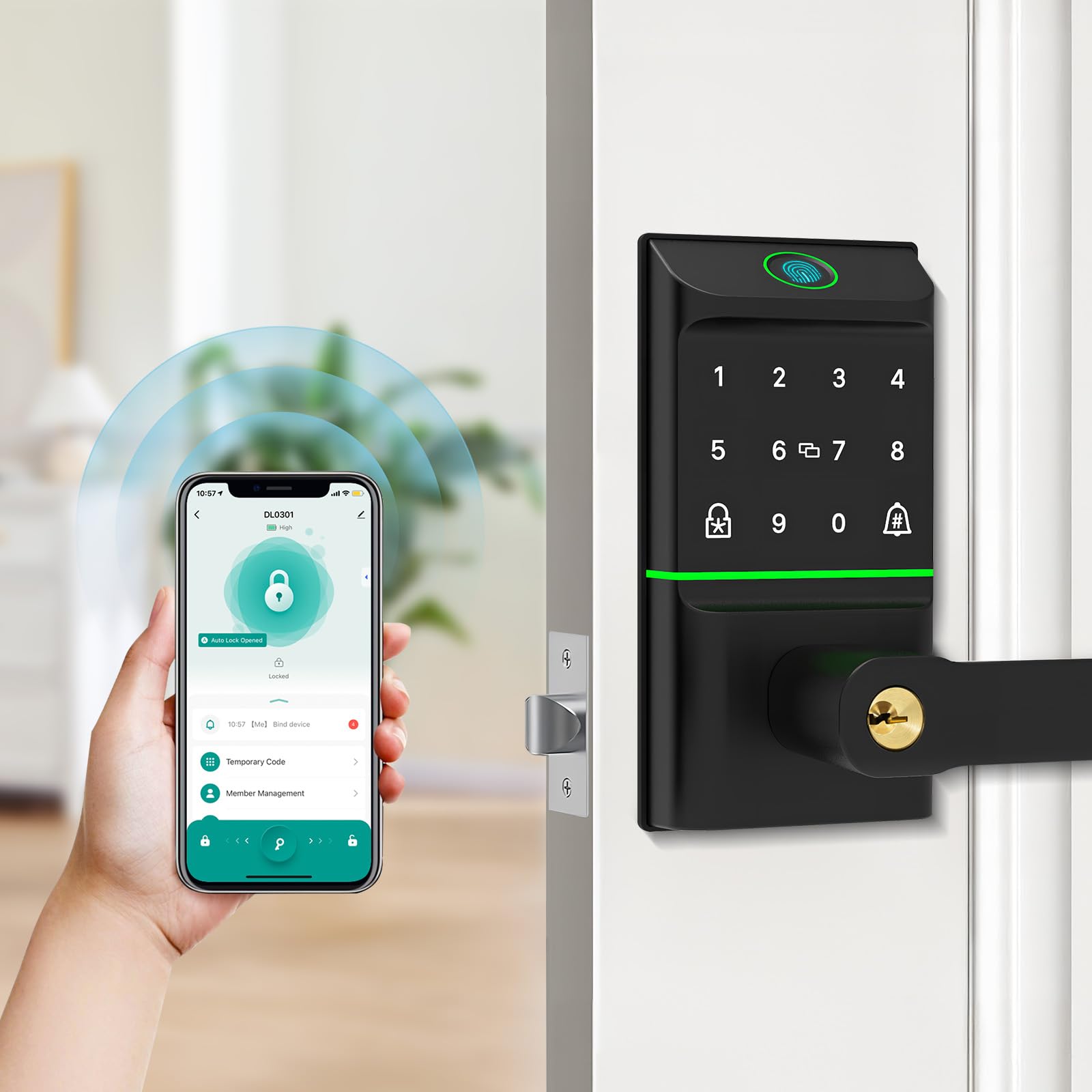 Mutak Keyless Entry Smart Door Lock With Doorbell, 6 In 1 Biometric Electric Digital Deadbolt Fingerprint Touchscreen Keypad App Ic Card With 2 Lever Handles For Front Doors Home Office Apartment