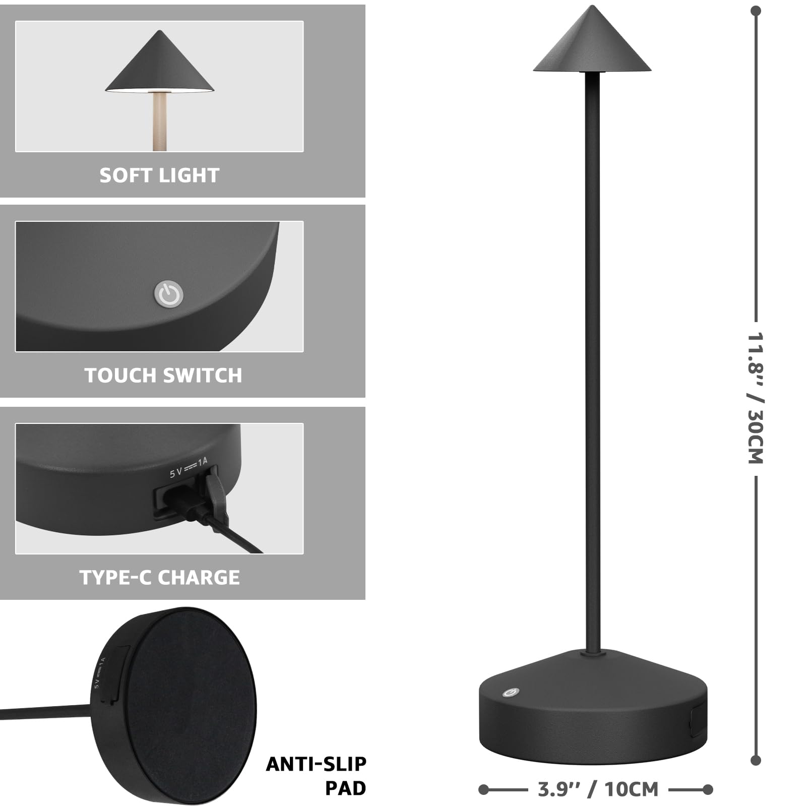 Uuffoo Cordless Lamps,Battery Rechargeable Table Lamp,Portable Lamps,3 Level Brightness Dimmable Night Light,Minimalist Design,Cordless Table Lamps For Living Room/Restaurant/Dinner/Easter Decor (Black)