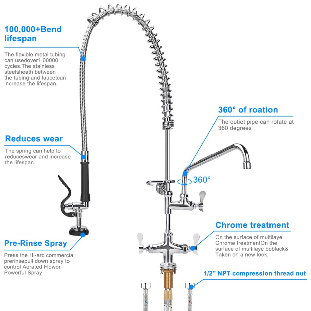 Tnroted 36 Inch Height Deck Mount Commercial Faucet With Pre Rinse Sprayer, Single Hole Commercial Pre Rinse Restaurant Kitchen Faucet With 12” Swing Spout For Commercial Restaurant Home Kitchens Sink