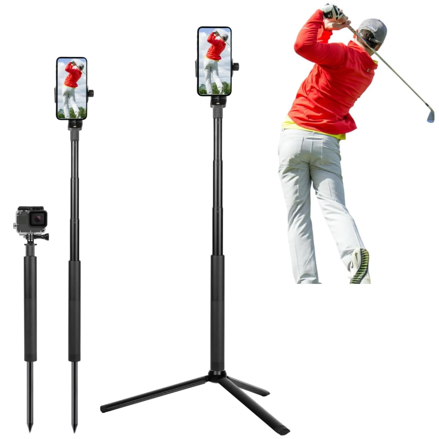 Yki Golf Tripod And Monopod Selfie Stick With Ground Spike Stake, Golf Swing Analyzer Phone Holder For Training Aid, Golf Selfie Stick Tripod For Recording Swings