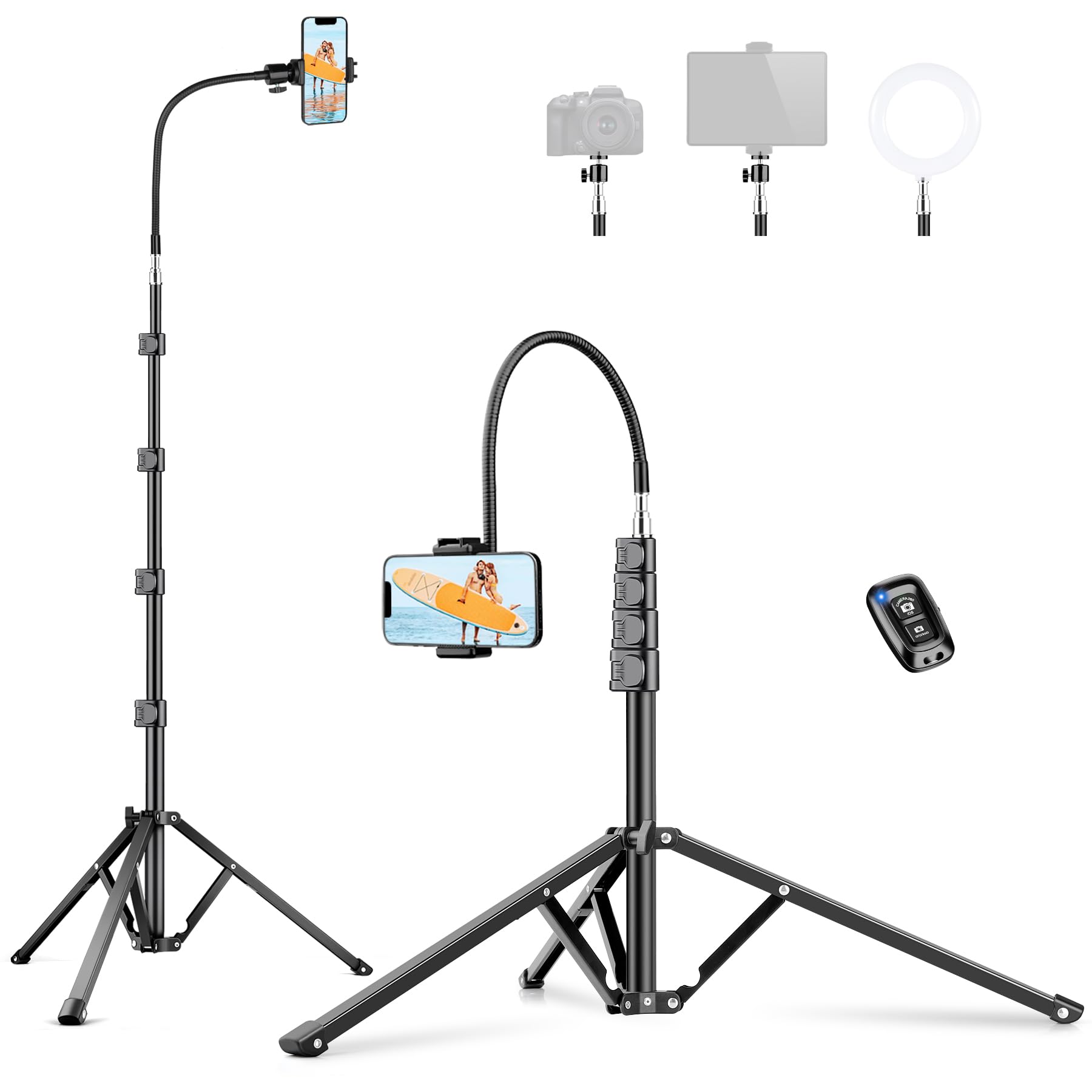 Victiv 90" Gooseneck Phone Tripod, Flexible Cellphone Tripod For Iphone With Remote Phone Holder, Camera Stand For Recording, Content Creator Essentials, Compatible With Iphone Android