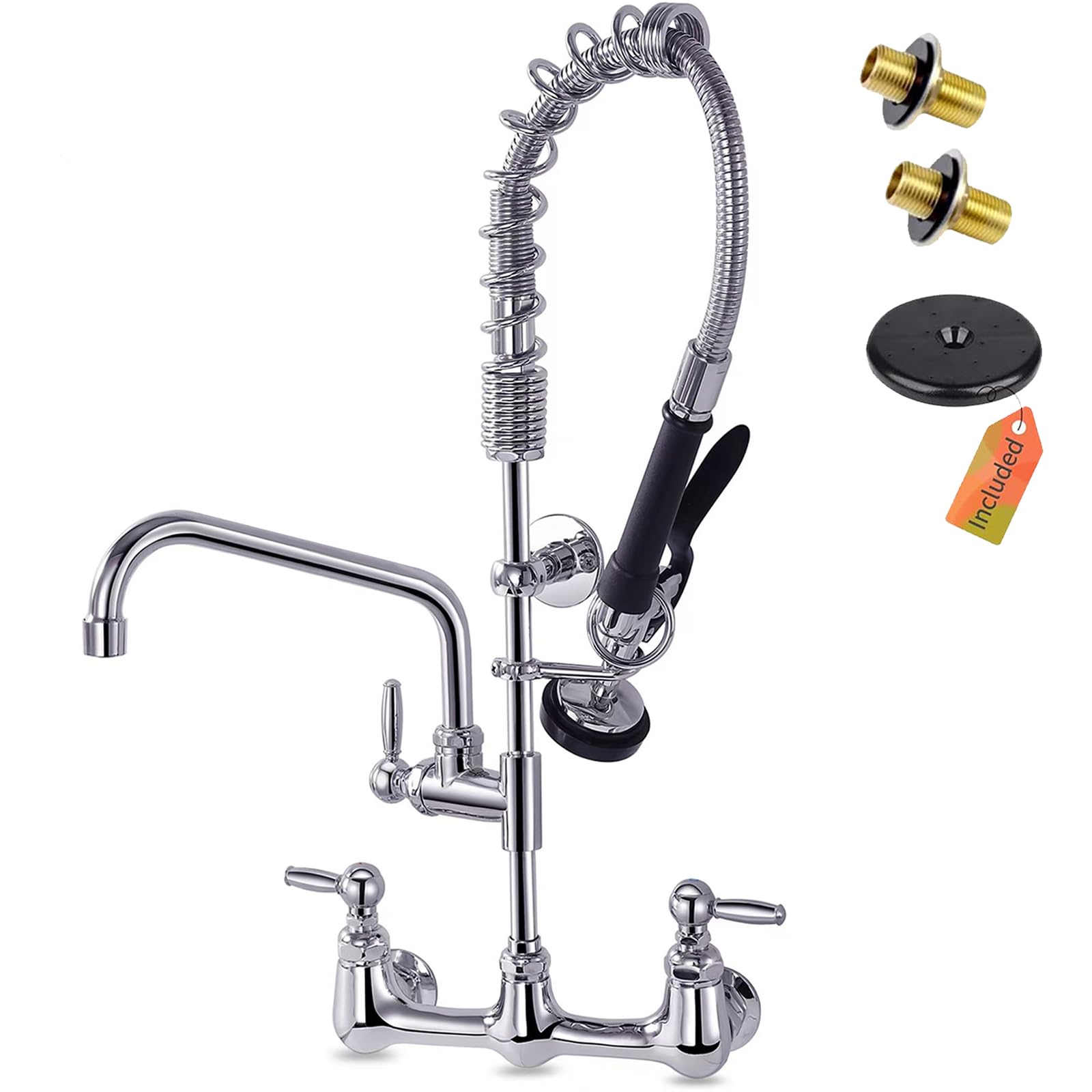 Golrean Commercial Faucet With Pre Rinse Sprayer, Wall Mount Kitchen With 12" Add-On Swing Spout 8 Inch Center Commercial Sink Faucet Pull Down Sprayer For Industrial, Restaurant, Sink, Brass, 25" Height