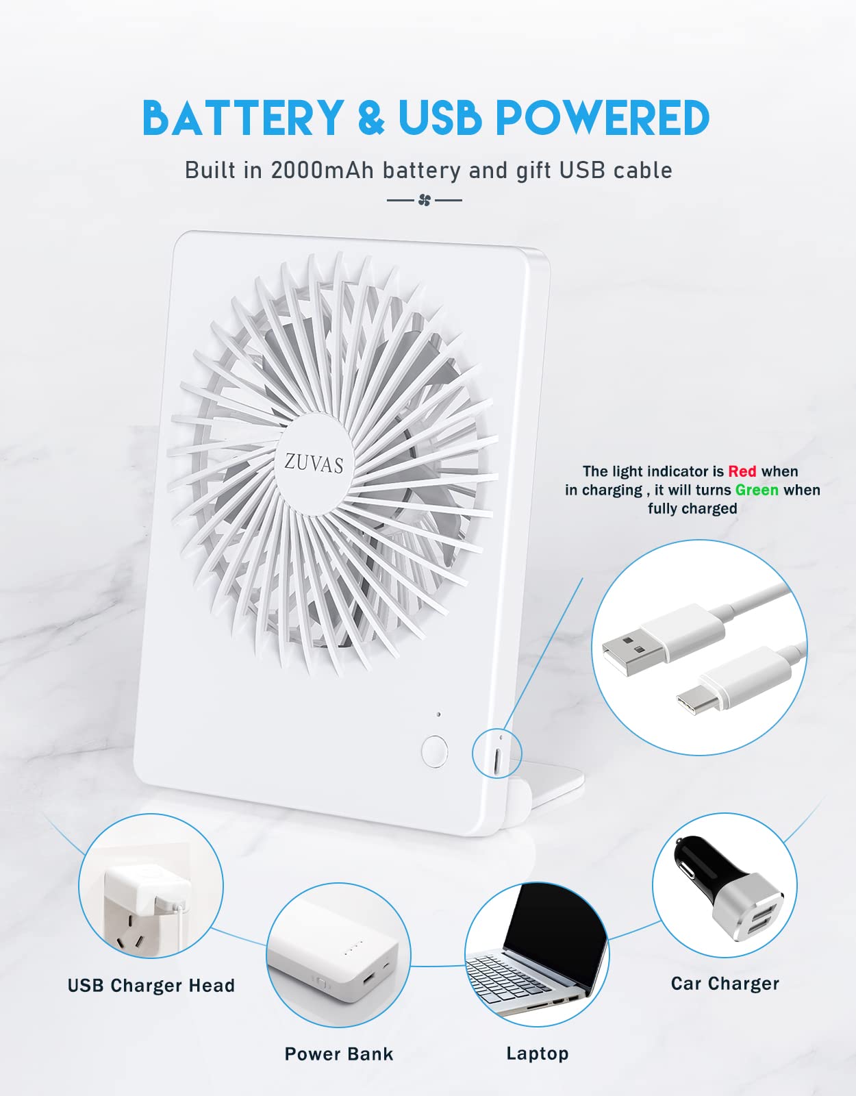 Rechargeable folding desk fan with 180° tilt compact and portable for home or office