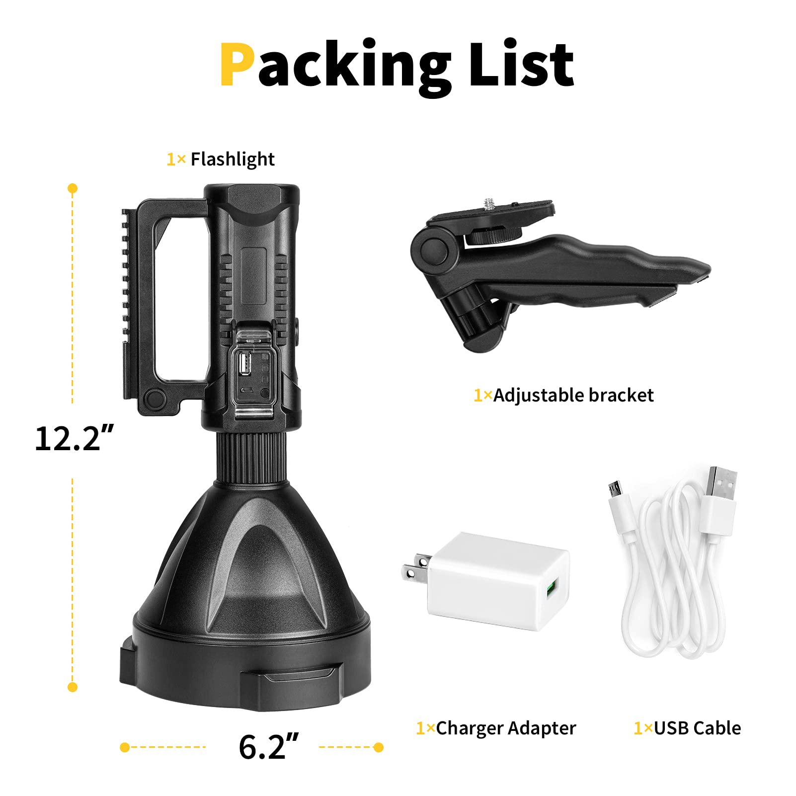 Yongkist Super Bright Rechargeable Led Spotlight,Handheld Tactical Flashlight 4 Modes High Power Portable Waterproof Searchlight For Outdoor Tripod, Adpater And Usb Cable Included