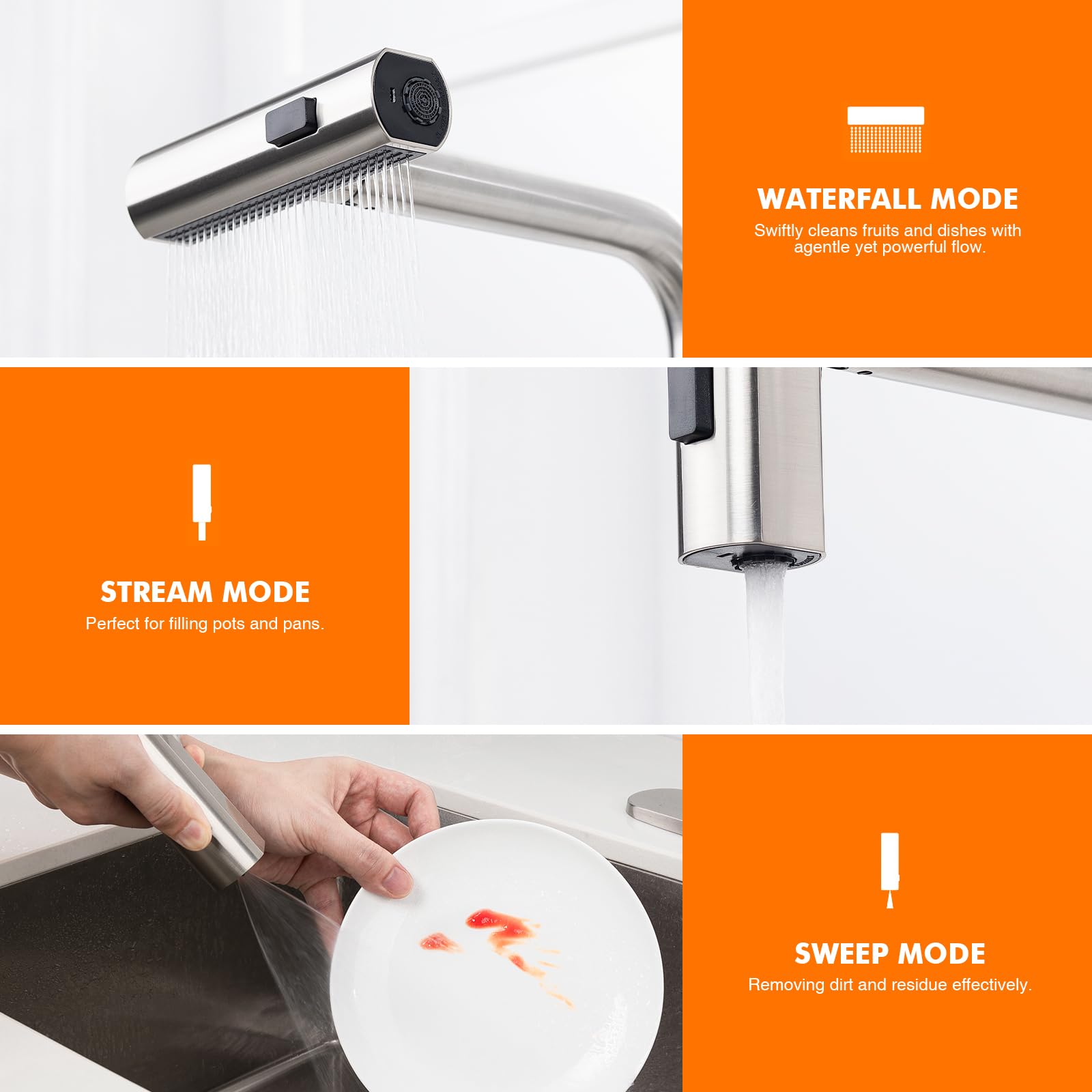 Ibergrif Waterfall Kitchen Faucet With Pull Down Sprayer, Kitchen Sink Faucet 3 Water Outlet Modes, Single Handle, Brushed Nickel, 360° Swivel, Stainless Steel Kitchen Faucets For Rv, Bar, Farmhouse