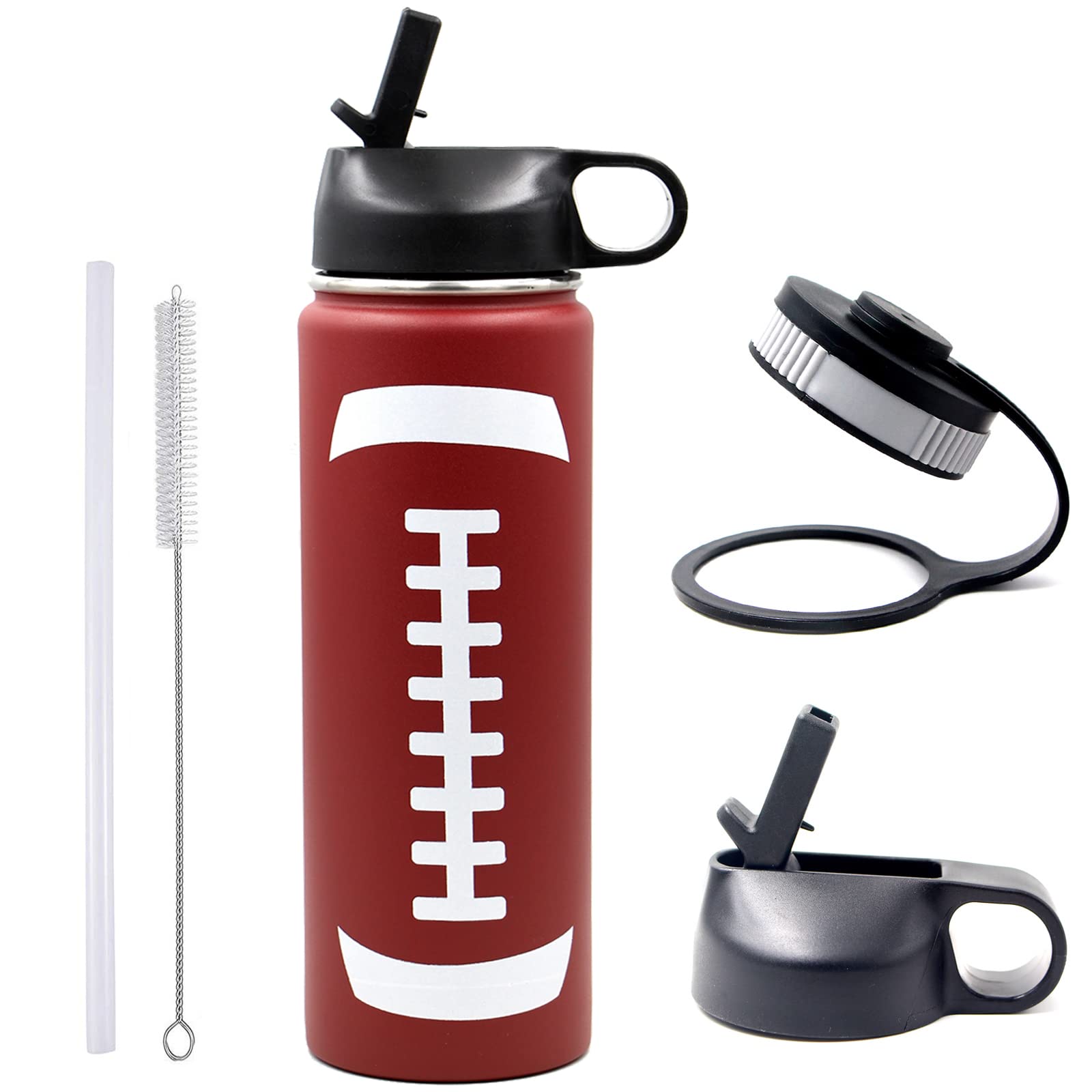 Football Water Bottle, Stainless Steel Thermo Flask With 2 Lids,- Double Wall Vacuum Leak