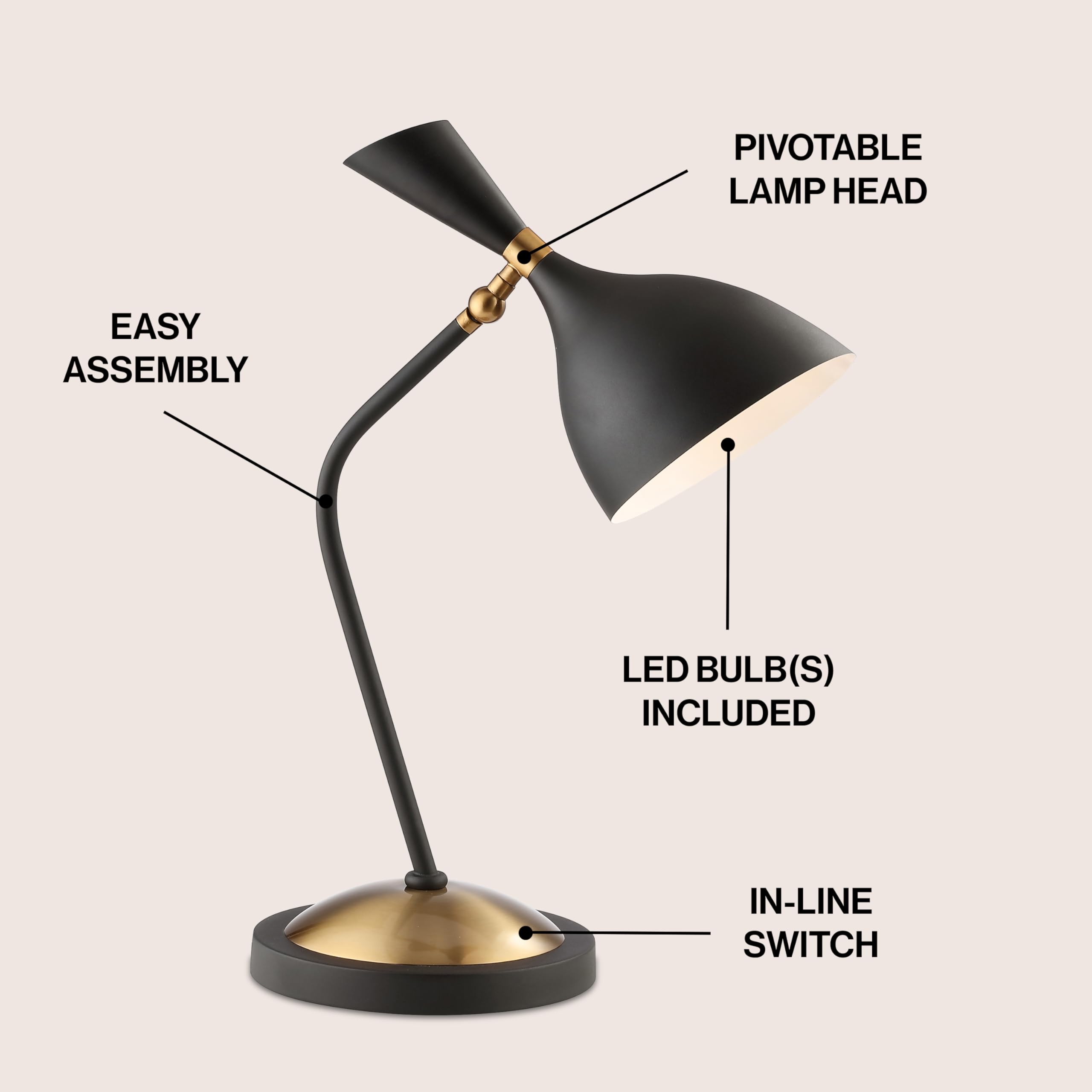 Jonathan Y Jyl9065A Albert 21.5" Iron Retro Mid-Century Led Table Lamp Contemporary Glam Bedside Desk Nightstand Lamp For Bedroom Living Room Office College Bookcase, Black/Brass Gold